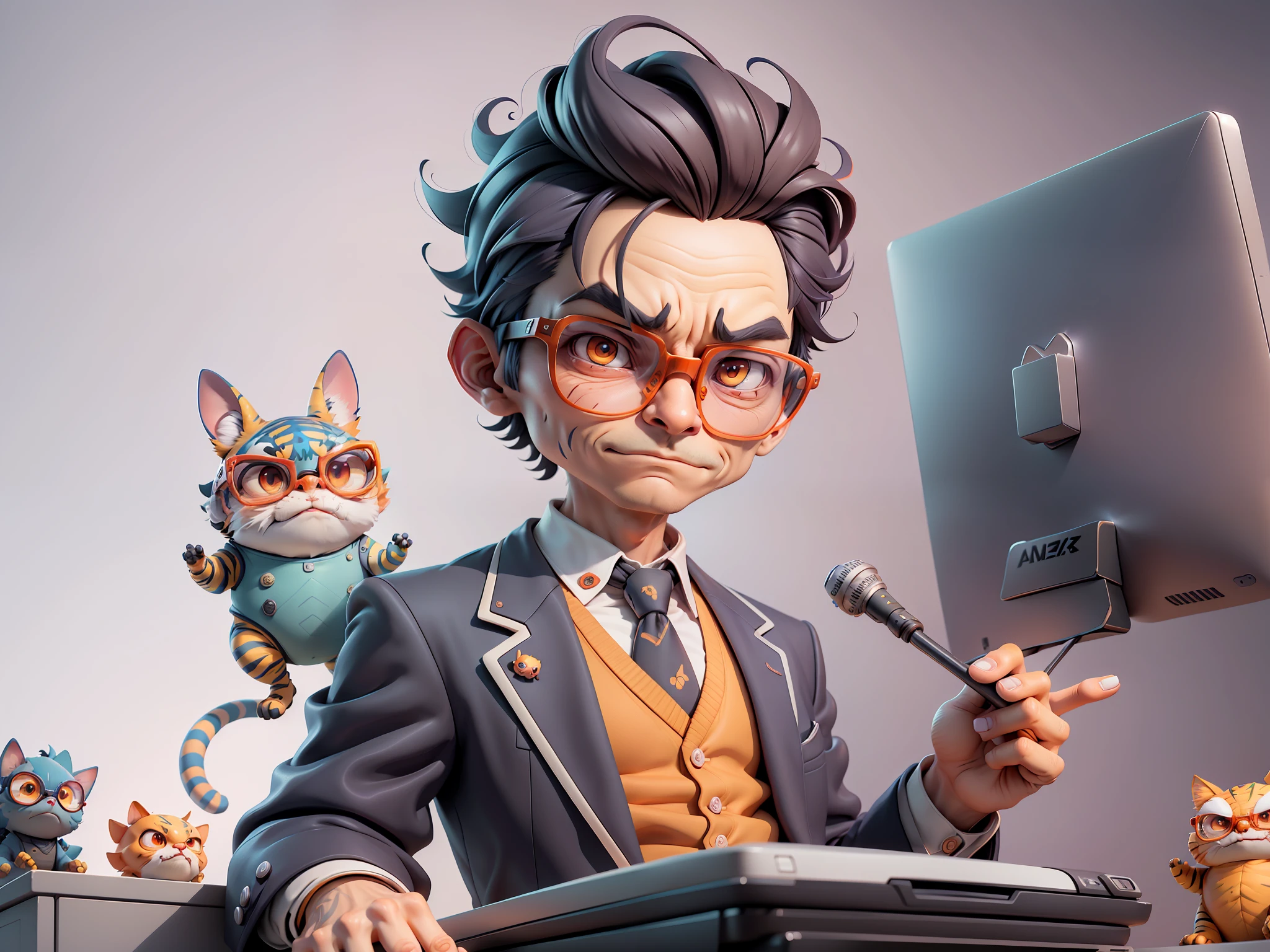 A young man in a suit, Short hair and glasses sat at his desk,holding laptop,digitial painting,tigre,3D character design by Mark Clairen and Pixar and Hayao Miyazaki and Akira Toriyama,4K HD illustration,Very detailed facial features and cartoon-style visuals。