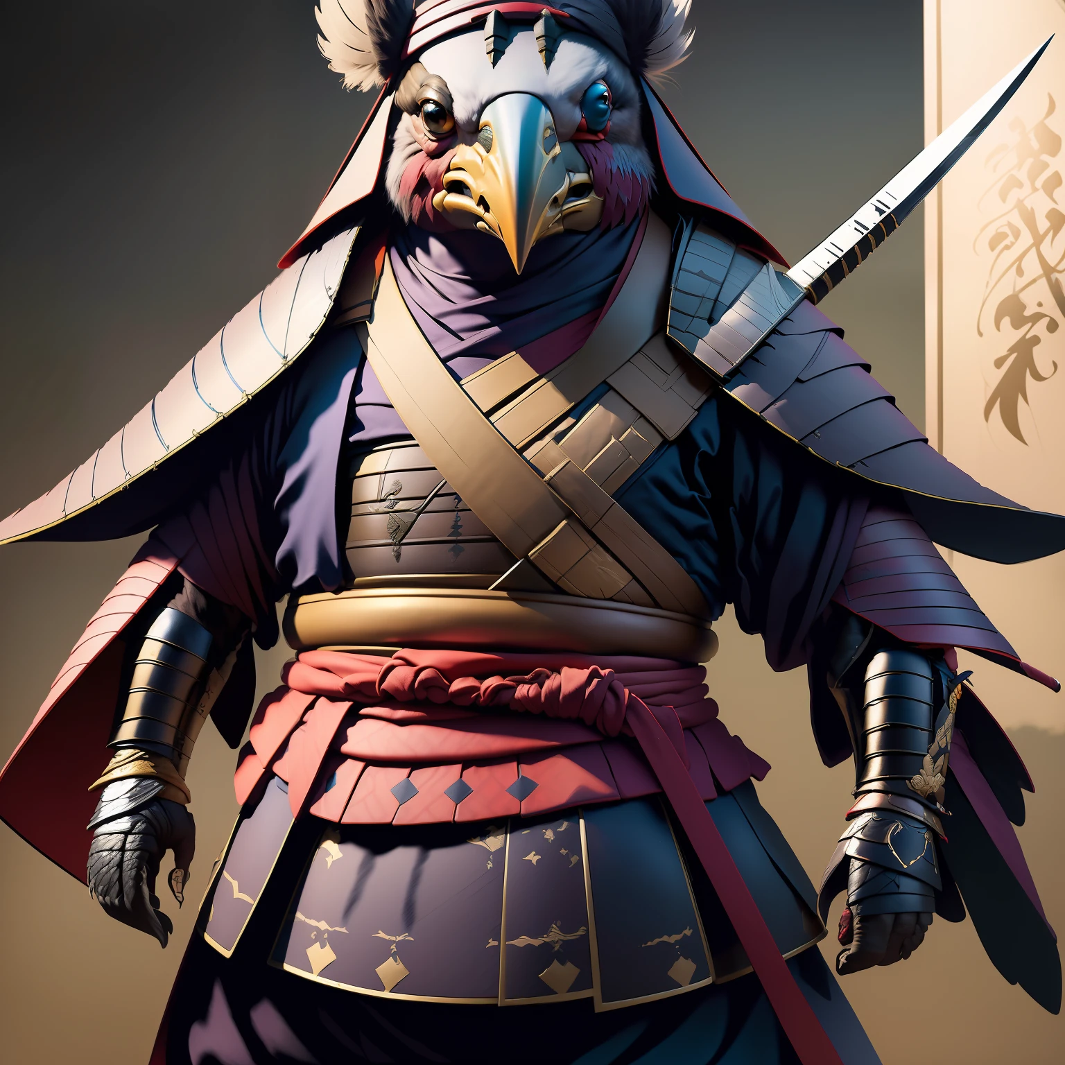 (masterpiece, top quality, best quality, official art, beautiful and aesthetic:1.2), kenku samurai, kenku, farfetch'd, samurai