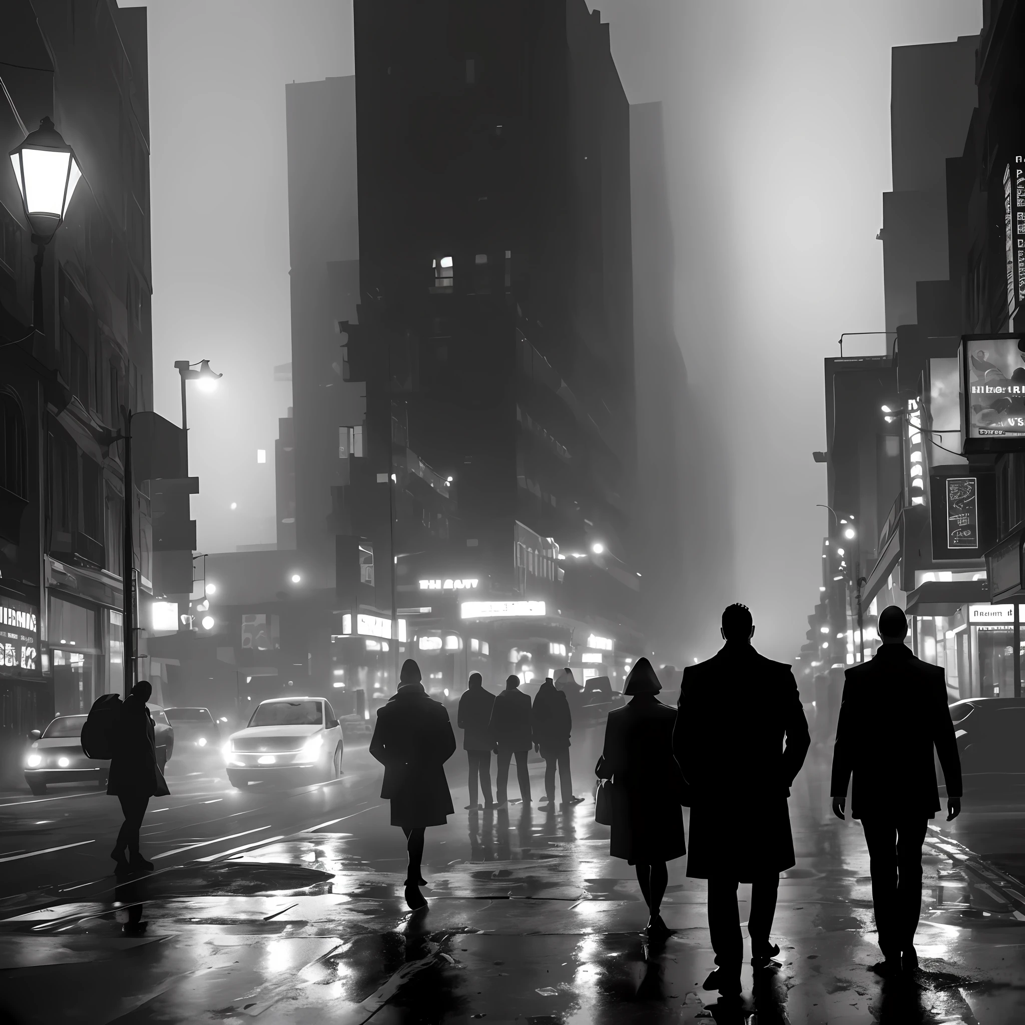 A rain-soaked city street, slick with the reflection of neon signs, the only source of light in an otherwise dark and mysterious scene. Long shadows stretch across the pavement as silhouettes of trench-coated figures move through the fog, hinting at secret meetings and hidden agendas.
