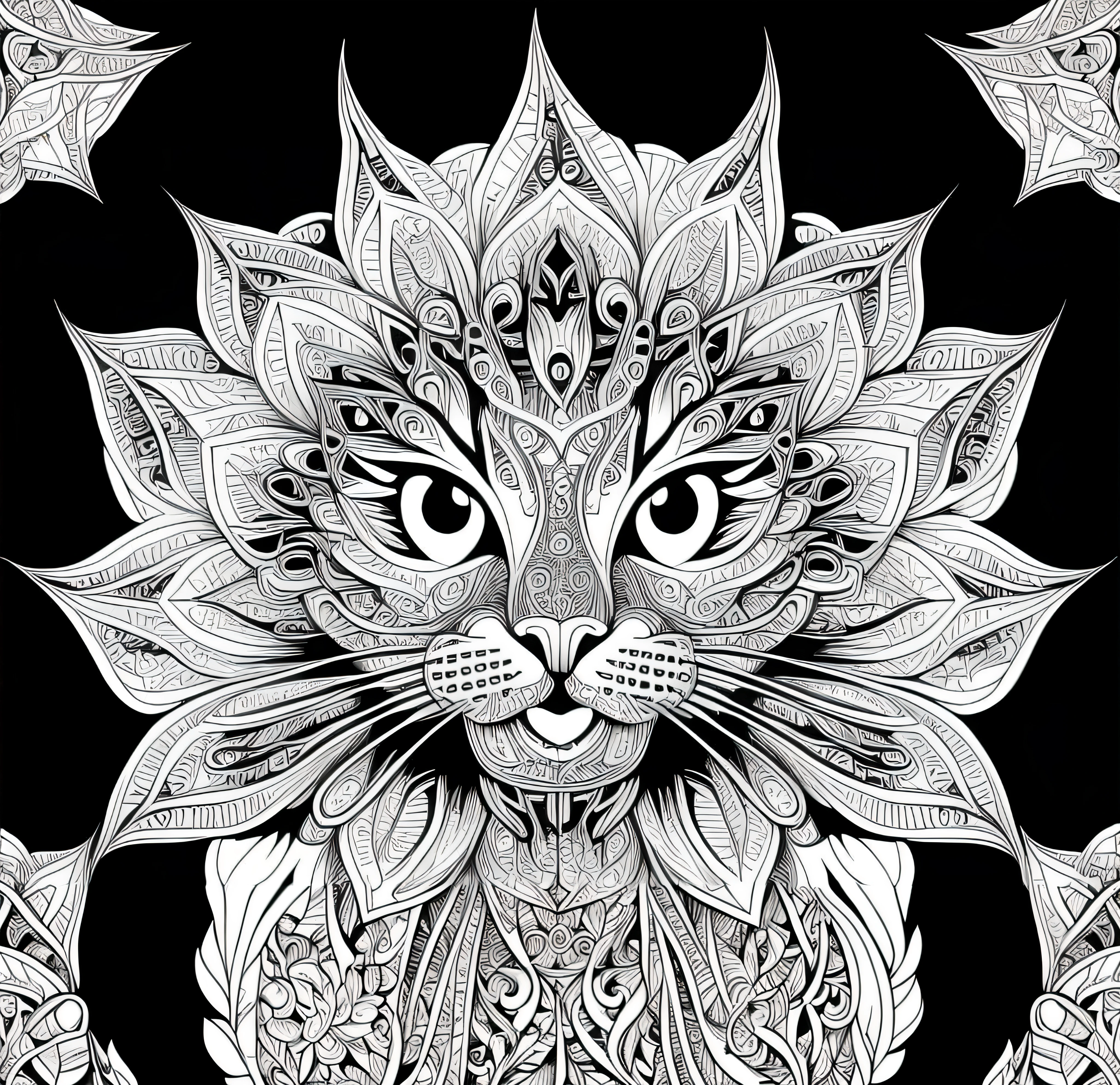 a black and white drawing of a cat with a floral pattern, gato detalhado, Intrincado, highly detailed and hypnotic, Desenho detalhado em 4K, pelo intrincado detalhado, arte de linha hiper detalhada, intrincada arte digital detalhada, arte digital intrincada, arte de linha detalhada, extremamente intrincado, arte digital intrincada, desenho digital detalhado, altamente detalhado e ornamentado