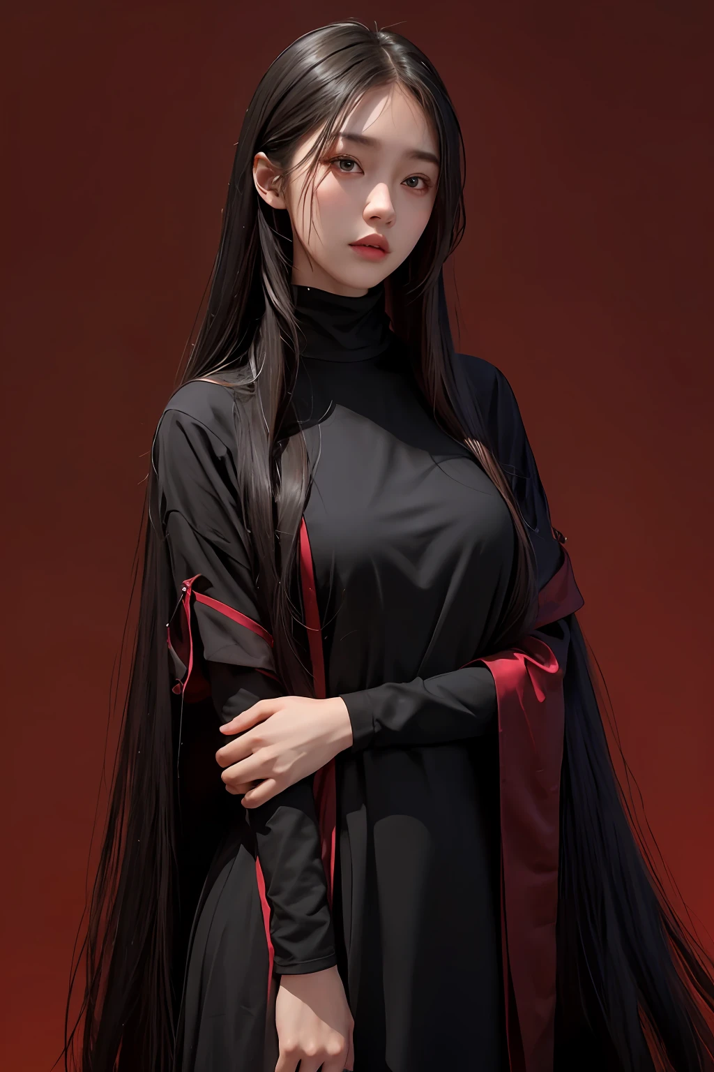 a 20 yo woman、length hair、Dark theme、soothing tones、Subdued Color、highly contrast、(natural skin textures、Hyper-Realism、Soft light、sharp)、Red background、simple background、Eroi