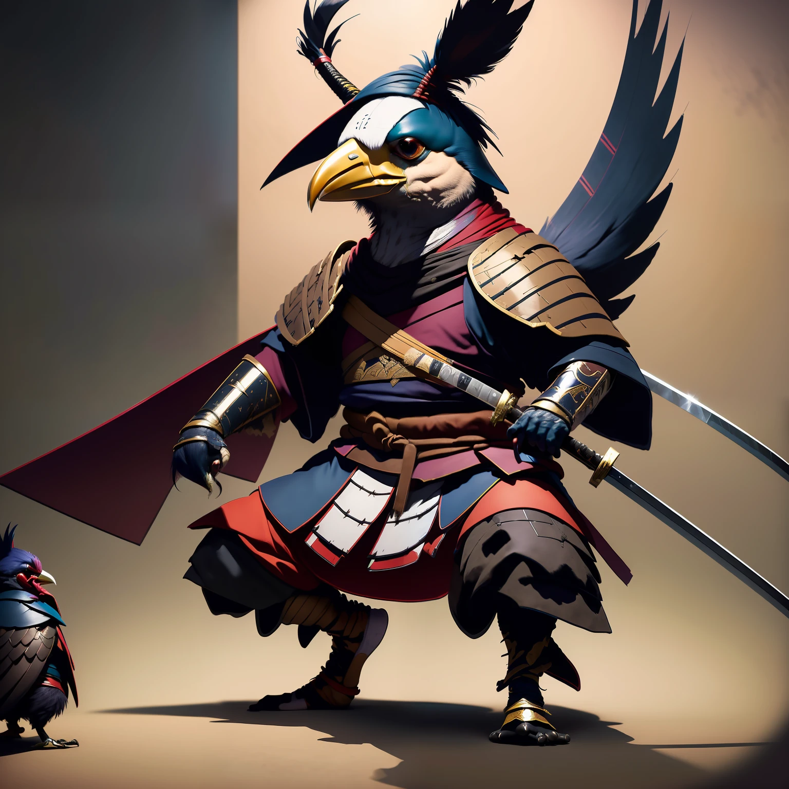 (masterpiece, top quality, best quality, official art, beautiful and aesthetic:1.2), kenku samurai, kenku, farfetch'd, samurai