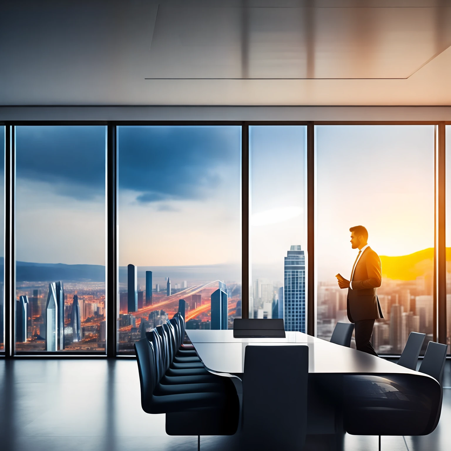 OBRA PRIMA ULTRA REALISTA, FOTO REALISMO, A LARGE BUSINESS ROOM, IN A LUXURIOUS BUILDING WITH GLASS WINDOWS AND VIEWS OF THE ENTIRE CITY, WITH A BUSINESSMAN TALKING ON THE PHONE WITH BANKNOTES ON THE TABLE. LUZES CINEMATOGRAFICAS, Ultra Definition Image. COMPUTADORES E MONITORES