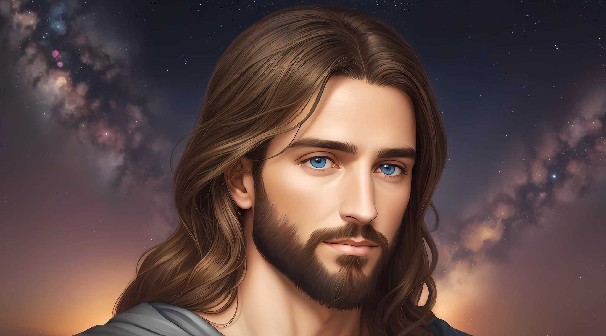Jesus with long hair and blue eyes before a starry sky, Retrato de Jesus Cristo, bonito impressionante realista, retrato masculino da fantasia, Jesus Cristo, retrato de fantasia digital, pintura digital detalhada, retrato detalhado do caractere, rosto de jesus, rosto realista detalhado, realistic digital illustration, bonito rosto detalhado, retrato de personagem de closeup, retrato de fantasia fosco detalhado, rosto realista altamente detalhado, retrato de rosto detalhado realista