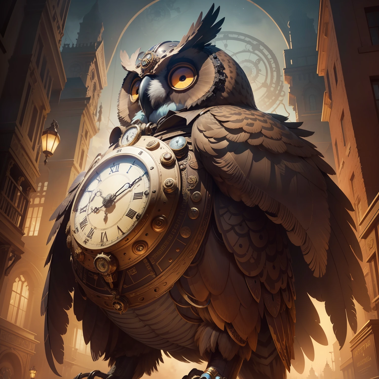 There's a big owl , mechanical owl, arte steampunk de alta qualidade, , detailed steampunk illustration, arte digital altamente detalhada em 4k, coruja steampunk, arte oficial altamente detalhada, steampunk owl pocketwatch, . ", steampunk illustration, nite - coruja, arte digital steampunk, coruja radiante, arte steampunk
