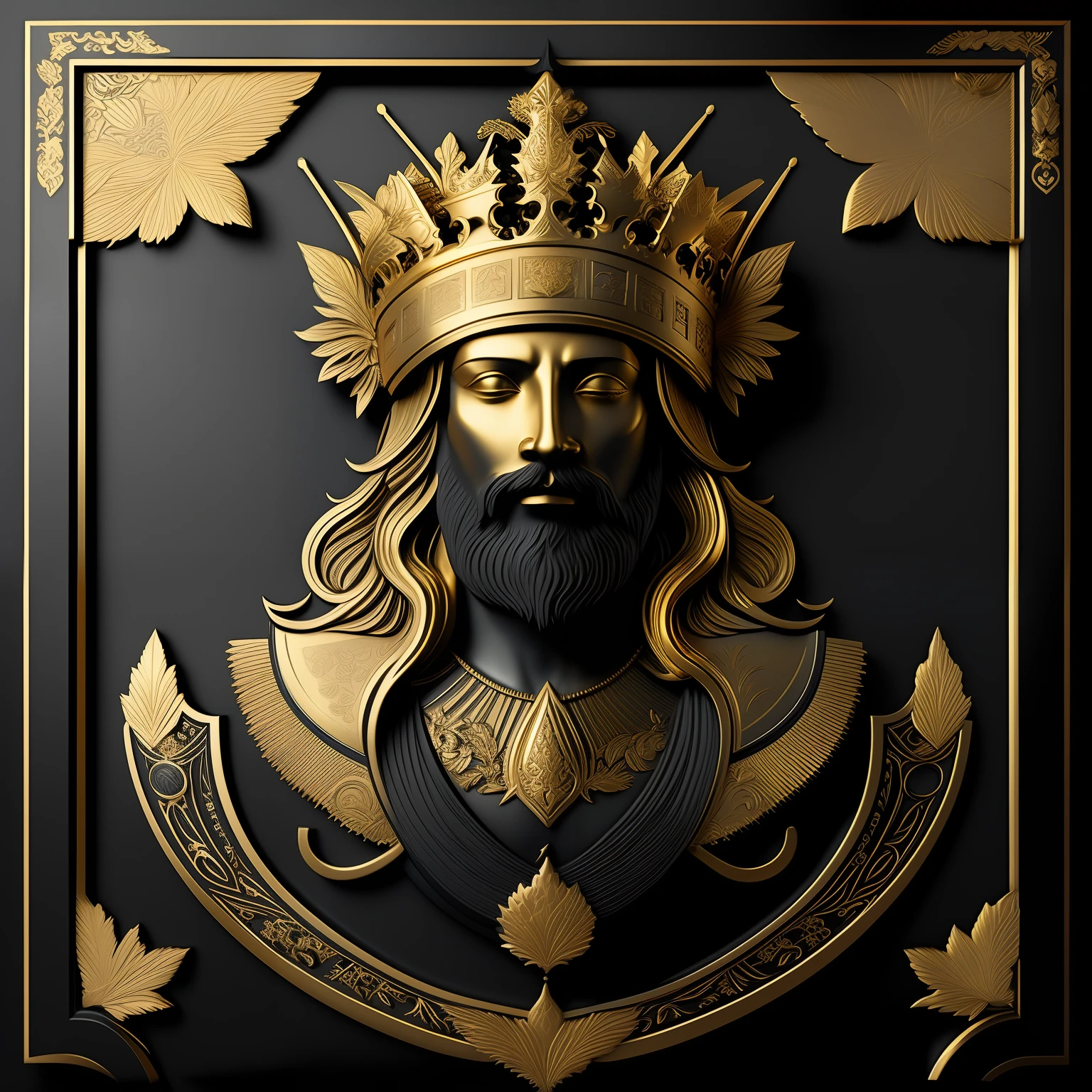 a golden king men on a matte black background with a gold border around, with a decorative intricate border around, matte gold leaf, very highly detailed digital art, a 3D render, 16K