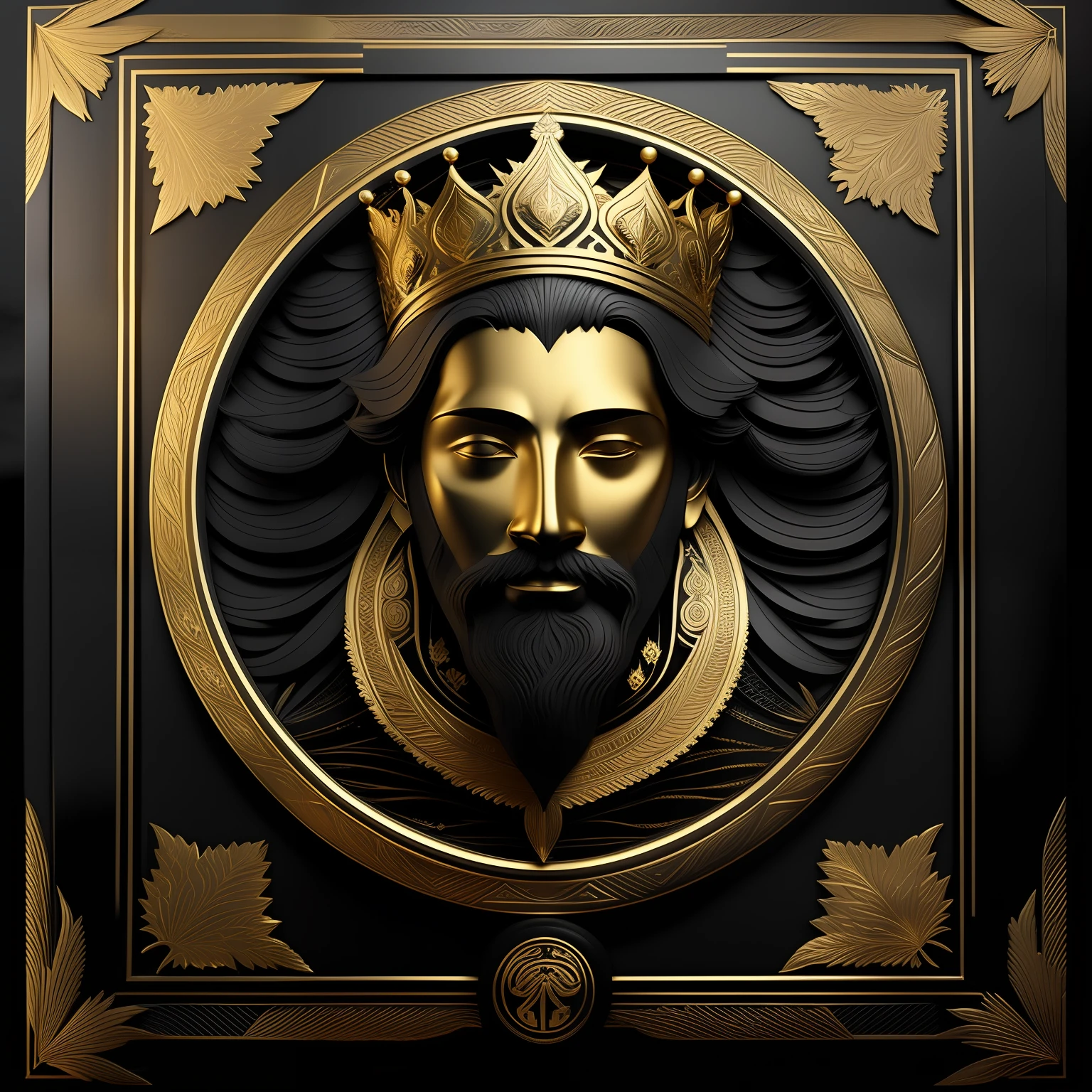 a golden king men on a matte black background with a gold border around, with a decorative intricate border around, matte gold leaf, very highly detailed digital art, a 3D render, 16K