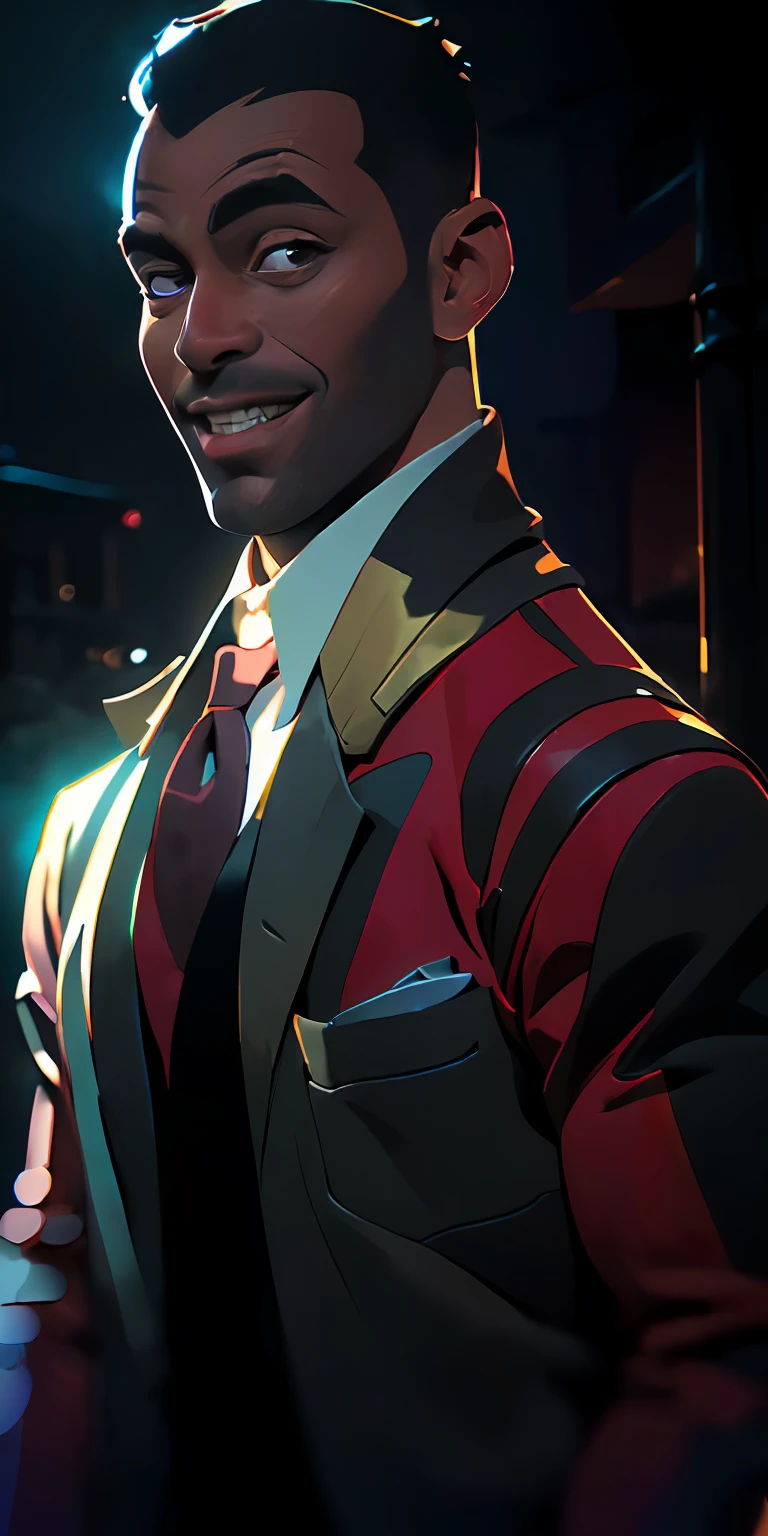 (Character: one Nigerian man, Diplomat, big smile, black skin, short hair)
(Clothing: red fine suit, vest)
(Background: dark alley at night:1.3, intense urban lights in background)
(Style: ((masterpiece:1.5)), (face detailed), photo-realistic:1.3, hyperrealistic, film grain, realistic lighting, backlighting:1.3)
