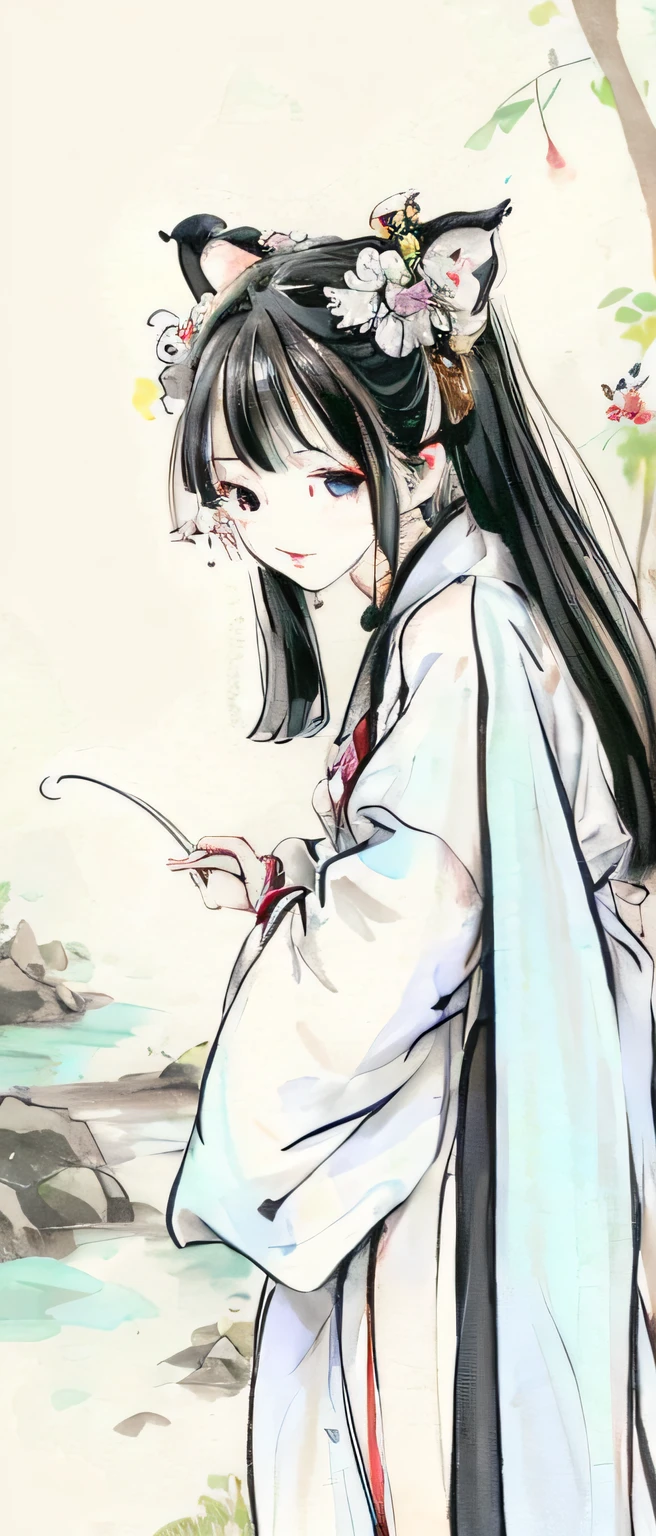((4k,masterpiece,best quality)), shuimobysim, Chinese painting, lotus, hanfu, maxiskit, dressed conservative 1 girl, solo, white hair, long hair, fox ears, white, bikini, fish, many fish close to the girl, looking at the audience, teasing