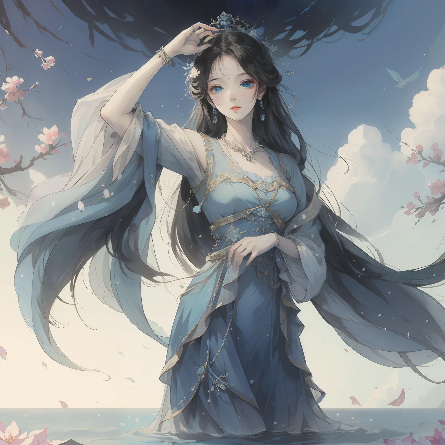 tmasterpiece，delicated，illustratio，{Beautiful Meticulous Girl}，beautiful and detailed aura，Sateen，detailed lighting，detail water，（beautiful and detailed eye：1.1），expressioness，palaces，sky-bluehair，stray hair，Long bangs，eyebrows very，（whitegreydress：1.1），black ribbon，white bowties，upper abdominals，big forehead，blossoms，longer sleeves