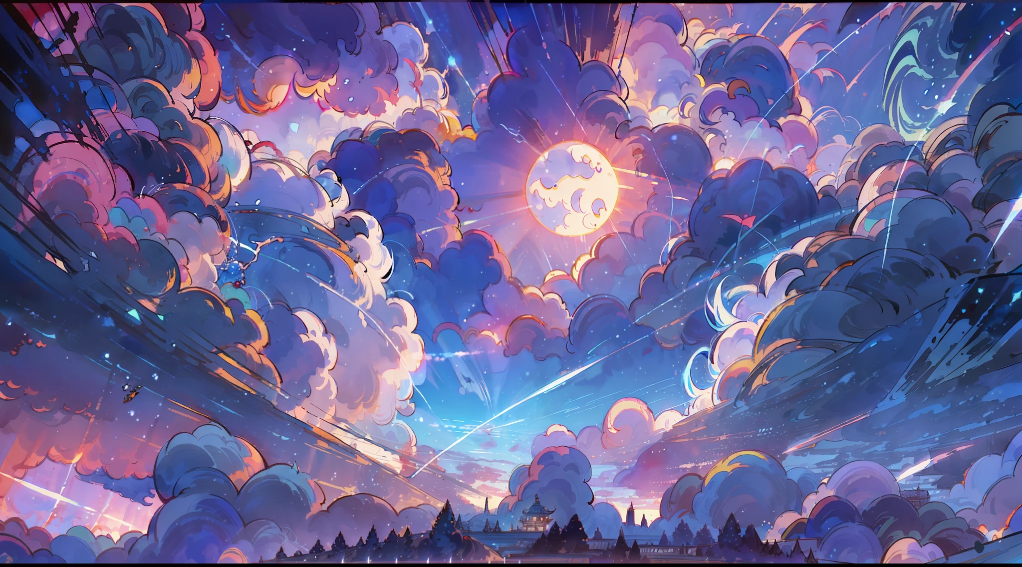 A surreal masterpiece，It presents beautiful and spectacular views in cool colors。Clouds form the background，Accompanied by the moon and fantastic sky reflections。The beautiful sky blends in with the colors of the clouds，Like a blue flame。This 8K picture creates a fantastic atmosphere，Colorful clouds are suspended in it，Create surreal visual experiences