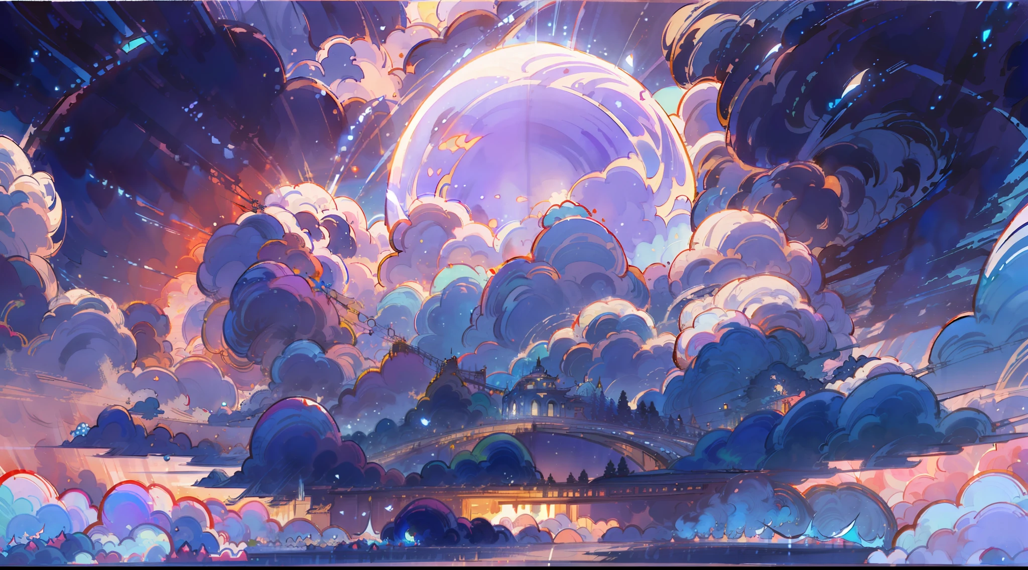 A surreal masterpiece，It presents beautiful and spectacular views in cool colors。Clouds form the background，Accompanied by the moon and fantastic sky reflections。The beautiful sky blends in with the colors of the clouds，Like a blue flame。This 8K picture creates a fantastic atmosphere，Colorful clouds are suspended in it，Create surreal visual experiences