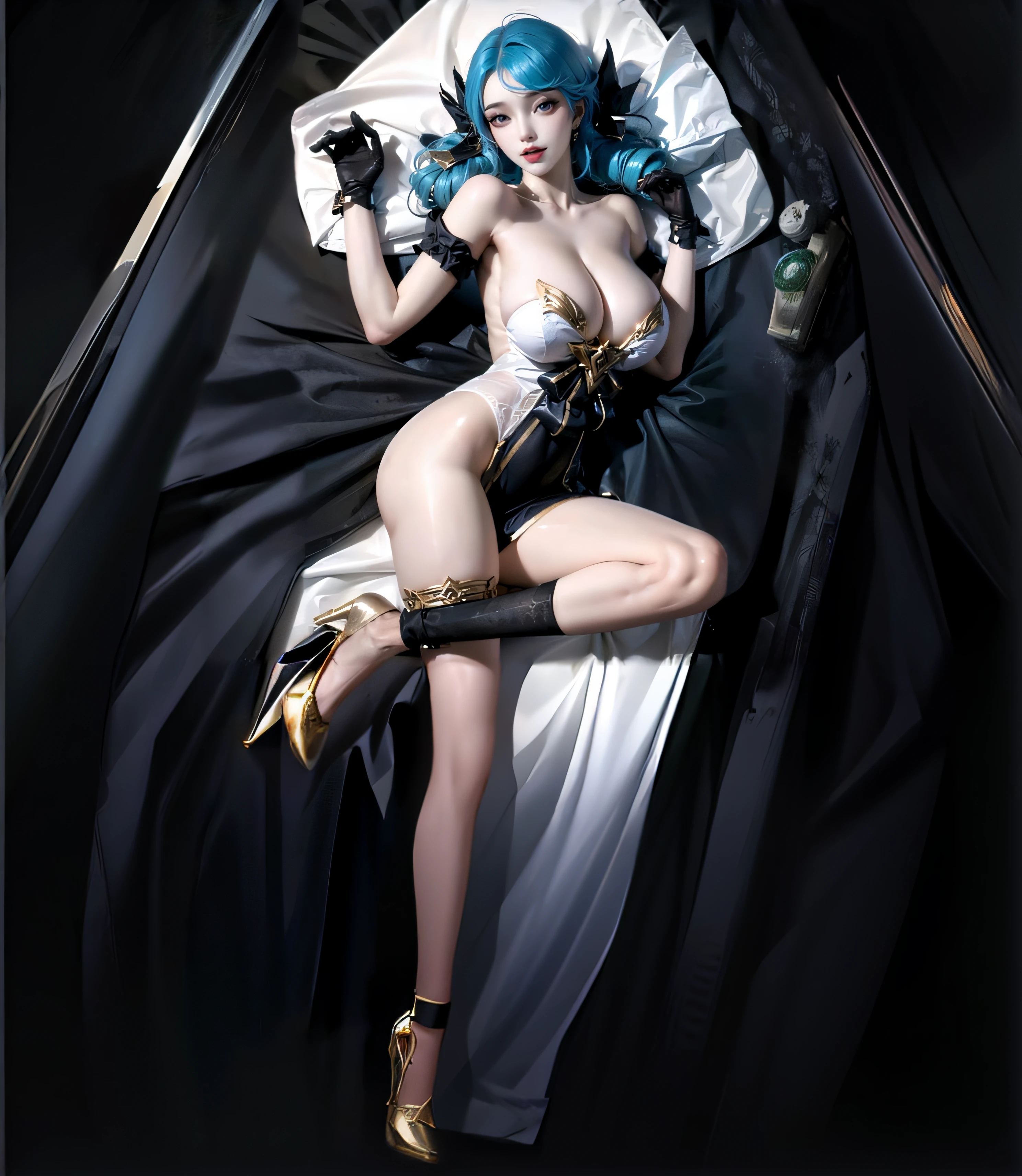 League of Legends Gwen，Cool white complexion，Complete the calf，Gold-tone high heels，Black silk sheets，folds，Dingdall effect，reflective surface，White pillow towel，Normal woman's legs，4K，Masterpiece，flawless perfection，beautifullegs，long leges，ankle，instep，Woman's legs，No leg hair