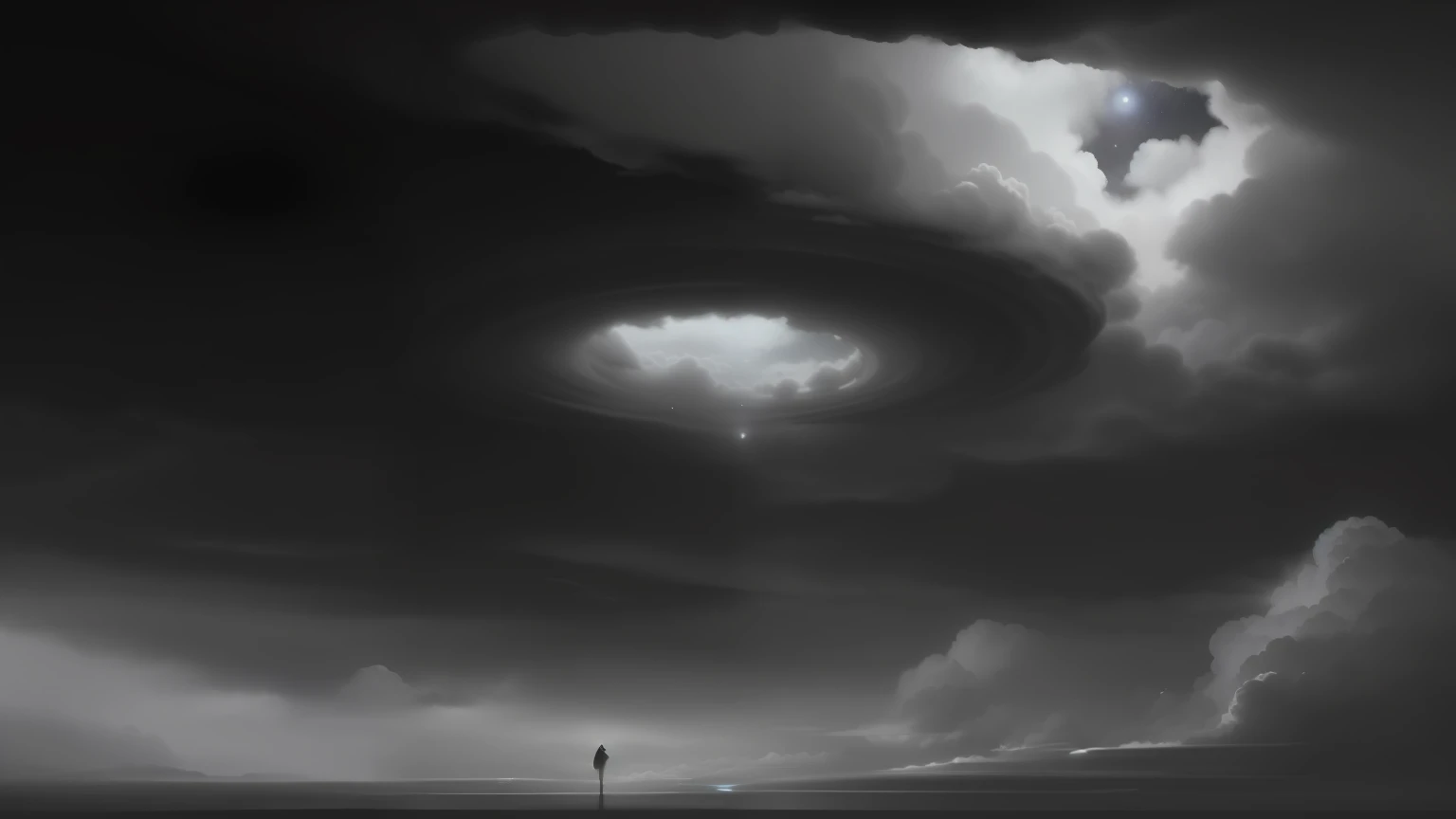 Una foto en blanco y negro de un gran cielo lleno de nubes, Dramatic lighting. Arte conceptual, magic portal in the sky, dramatic concept art, Spore cloud emission, Makoto Sinkai, dark atmosphere illustration, cosmic skies. por Makoto Shinkai, Arte conceptual de Noah Bradley, an ominous fantasy illustration, Tormenta. Makoto Shinkai, atmospheric. Pintura digital