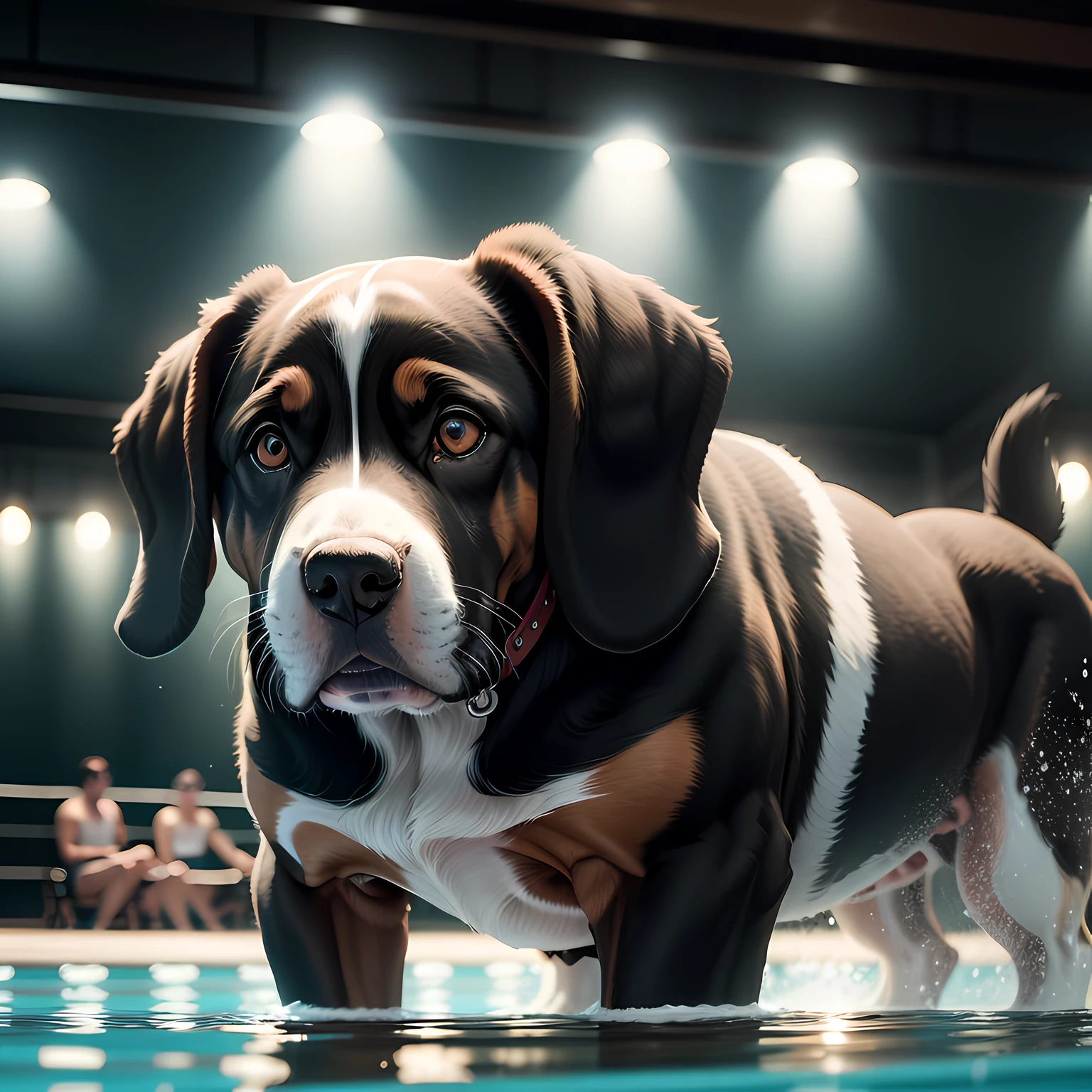 Black Basset Dog with Pit Bull Head,cinematographic lighting, pulando na piscina do trampolim cartoon realistico 8k