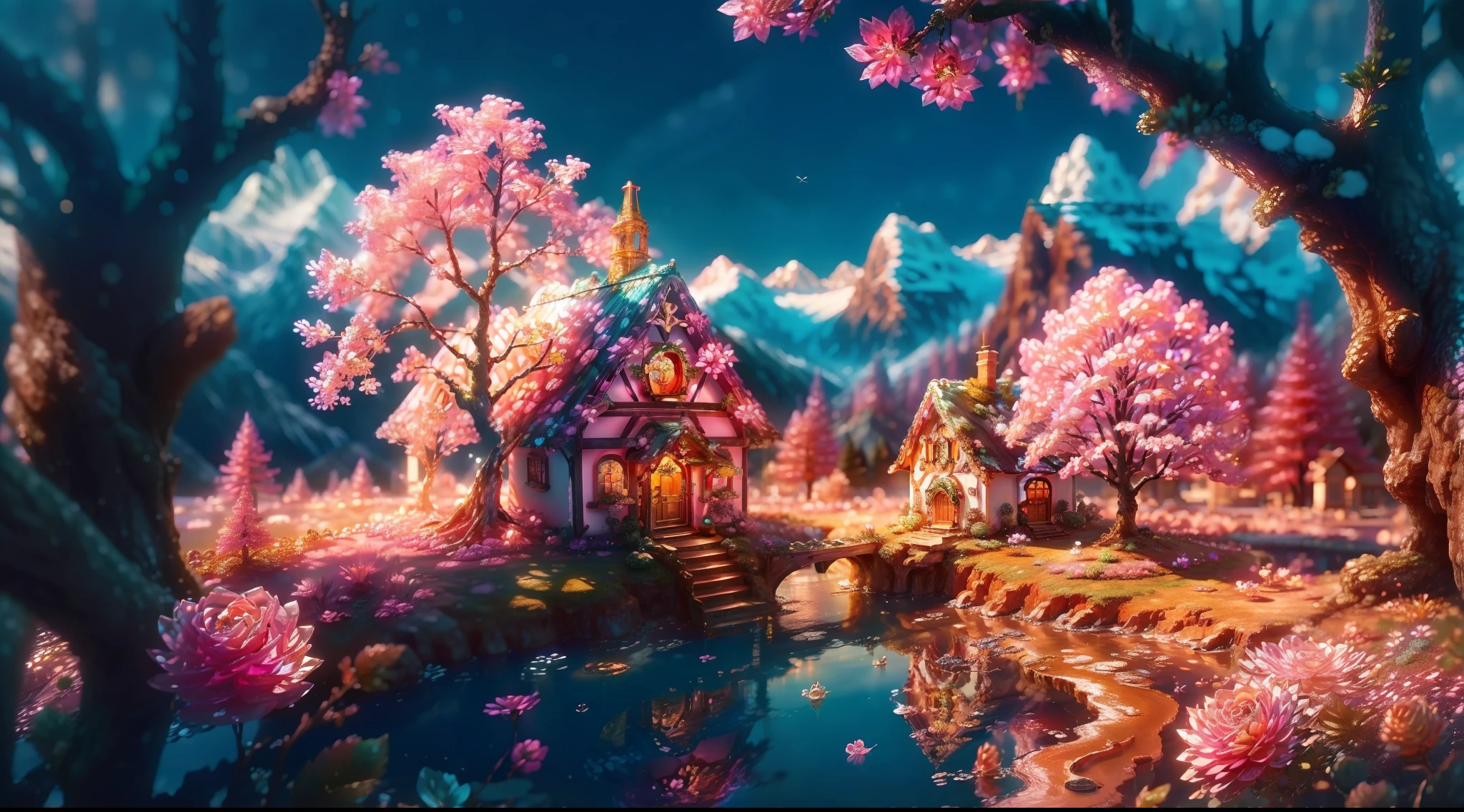 Fairy Cottage，Fairy tale details，Pink trees are green，Colorful crystal flowers，The golden river meanders，Mountains stand，Silver glittering waterfalls cascade down，Fine particles wander around，The sun shines in the forest，Light the way，White clouds float in the sky。