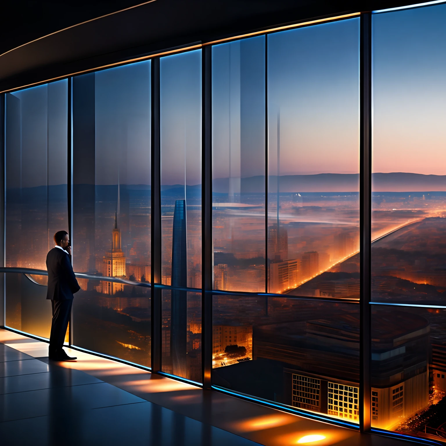 OBRA-PRIMA ULTRA REALISTA, Foto realism, MAN ON THE PHONE IN A LUXURIOUS BUILDING BUILDING WITH GLASS WINDOWS AND VIEWS OF THE WHOLE CITY, LUZES CINEMATOGRAFICAS, Ultra definition image. COMPUTADORES, MONITORES, TECNOLOGIA