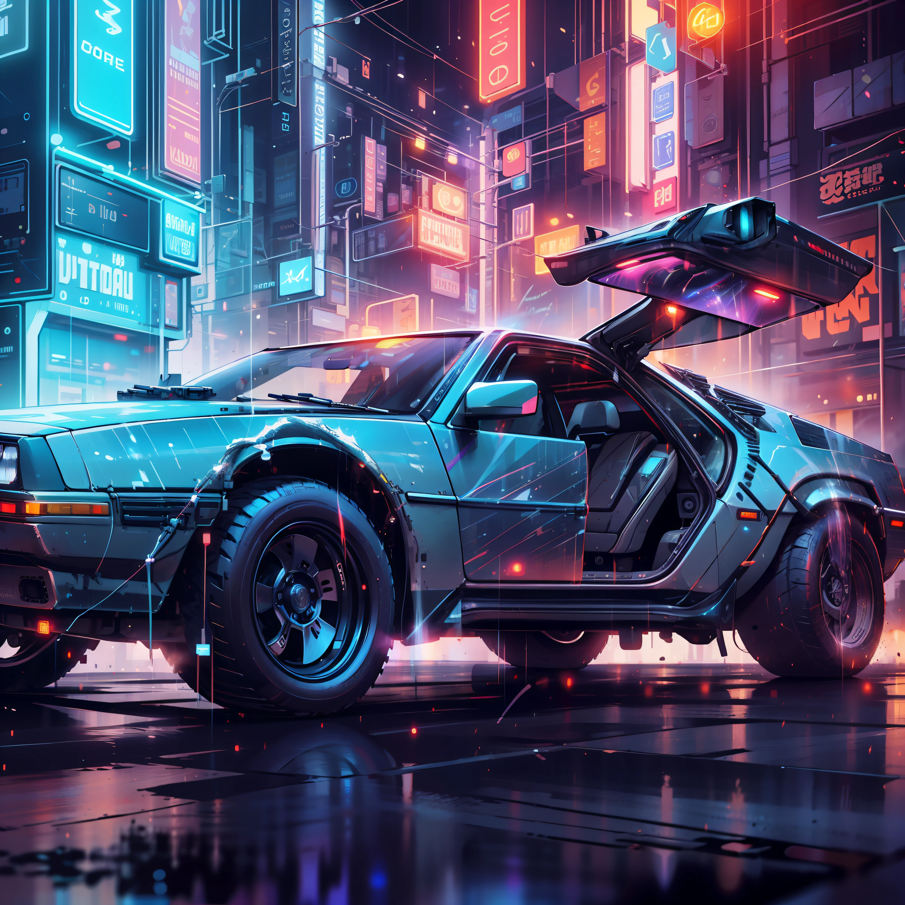 Masterpiece, best quality, Delorean, Back to the future, futuristic city, lit by neon lights, an intriguing silhouette of a futuristic car moves along the street, a mighty engine reveal hauntingly beyond the landscape of techno skycrappers and holograms, the car is out of this world, highly detailed, impressive, right out of movie, cyberpunk car, neon colors, movie poster