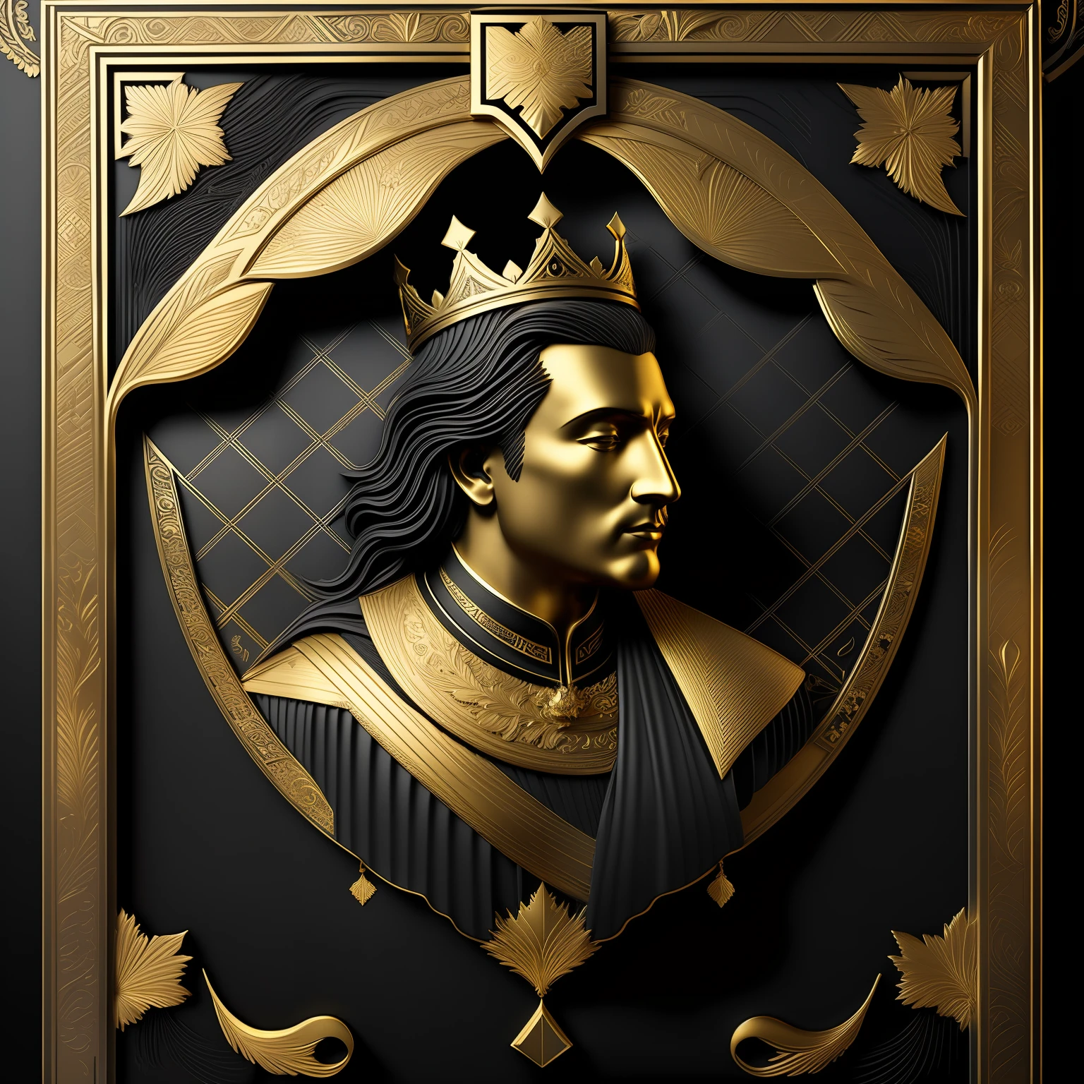 a golden king men on a matte black background with a gold border around, with a decorative intricate border around, matte gold leaf, very highly detailed digital art, a 3D render, 16K