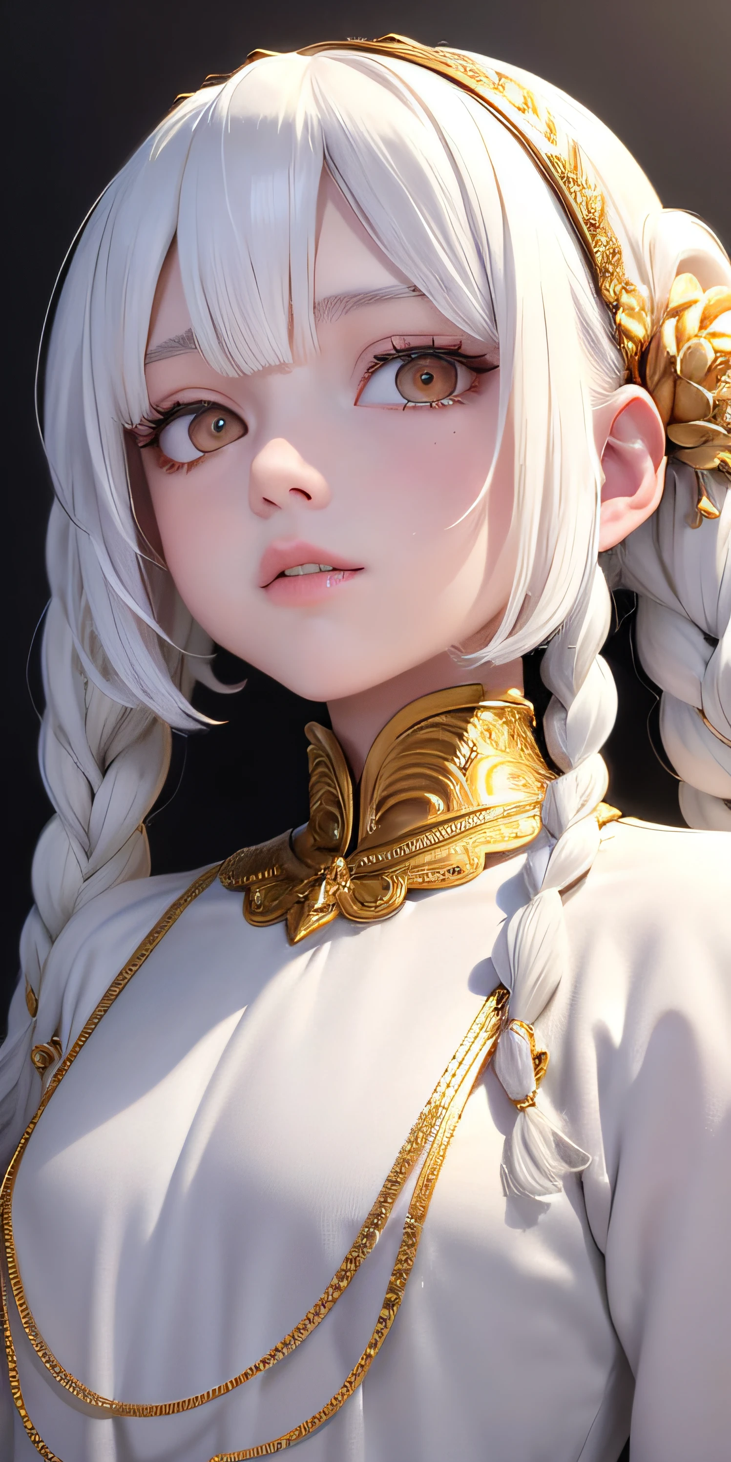 best quality, masterpiece,white hair, gold eyes,white clothes, looking up, upper body,hair strand,Fair skin,side braids