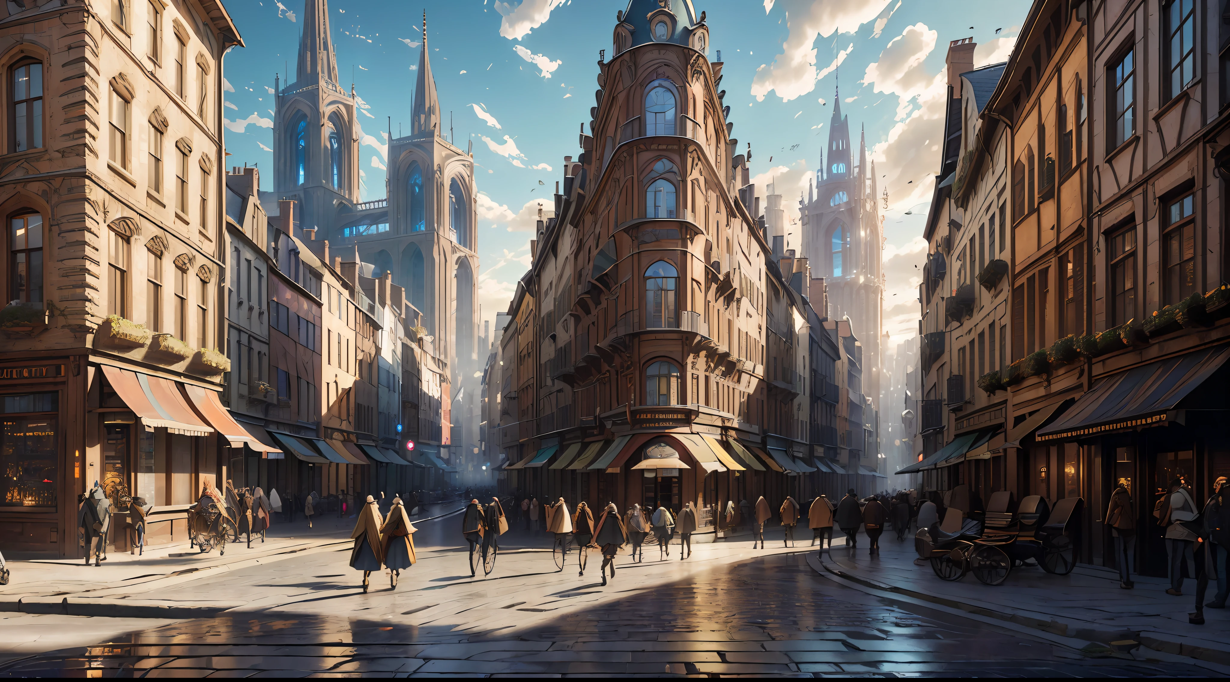 "(ultra-detailed CG unity 8k wallpaper, masterpiece, best quality, depth of field, HDR, intricate), (by Greg Rutkowski: 1.2), City of wind, bustling streets, medieval fantasy buildings, vibrant atmosphere, dynamic angles, architectural marvels, busy pedestrians, swirling leaves, sunlight piercing through buildings, urban energy, lively cityscape, windy."