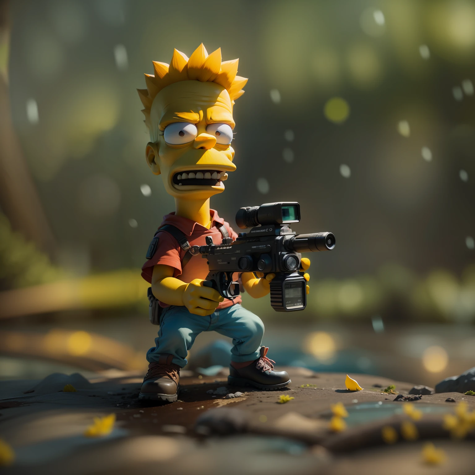 [Bart Simpson with the expression of "esmague o rosto no vidro", holding a pistol in his left hand (Modo de Bokeh)], mais alta qualidade, unidade de [papel de parede 8k,
] focado, papel de parede 8k, foco nítido, absurdos, (HDr: 1.2), (Alto contraste) detalhado e,  art-station, arte conceitual, liso,illustration, Pay meticulous attention to stunning details and get a unique experience, immersive visual experience,Let your work capture the essence and wonder, deixando os espectadores, profundidade de campo, Bokeh, UHD, DSLr, HDr