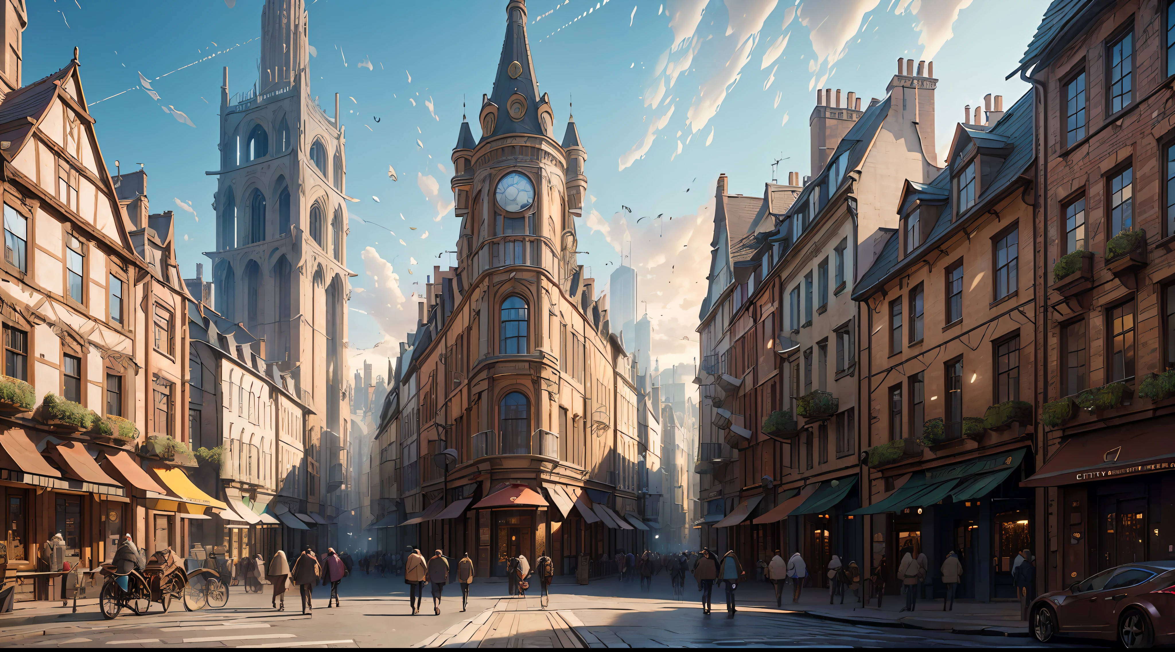 "(ultra-detailed CG unity 8k wallpaper, masterpiece, best quality, depth of field, HDR, intricate), (by Greg Rutkowski: 1.2), City of wind, bustling streets, medieval fantasy buildings, vibrant atmosphere, dynamic angles, architectural marvels, busy pedestrians, swirling leaves, sunlight piercing through buildings, urban energy, lively cityscape, windy."