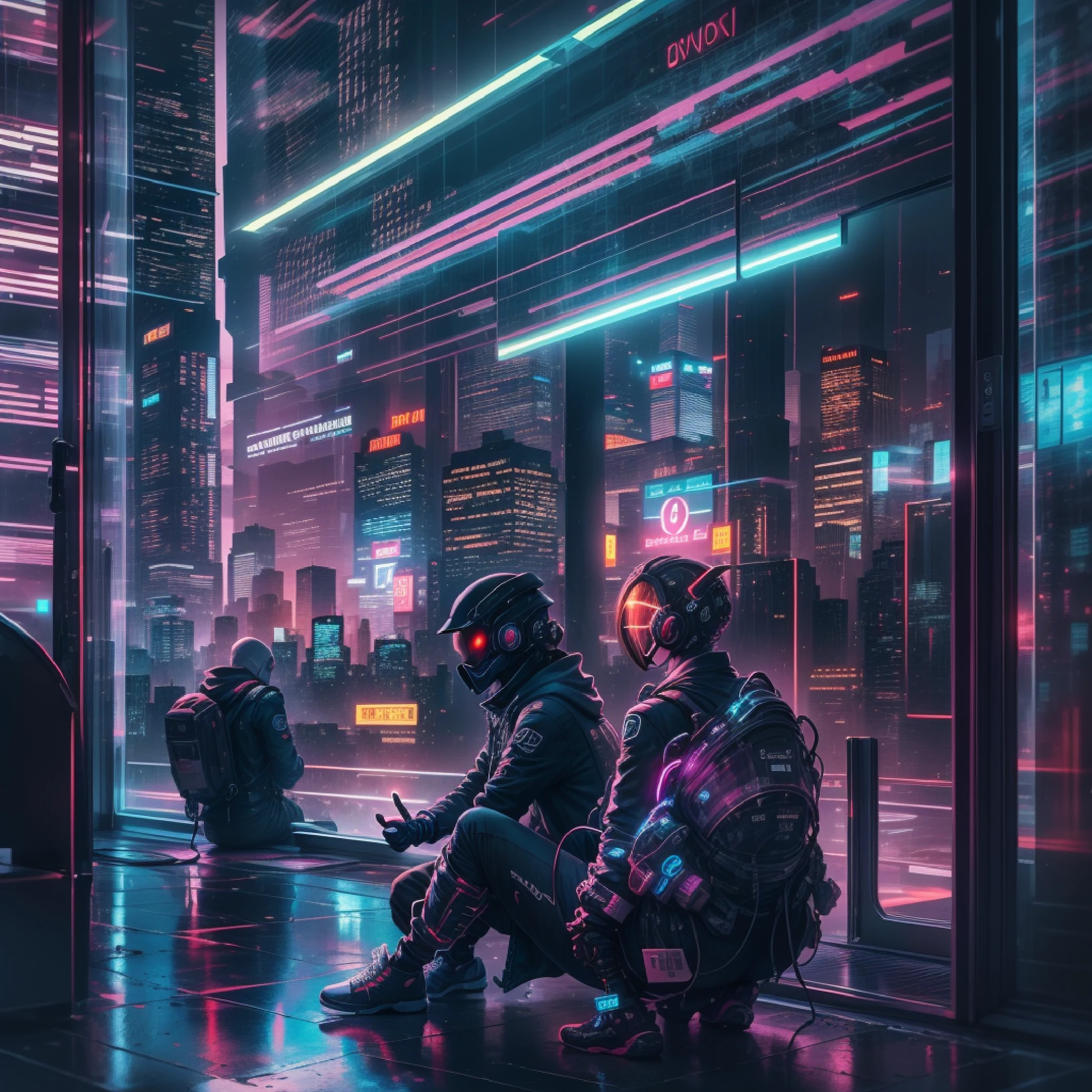 cyber punk perssonage,Between tall buildings,spaceship,neonlight,Signage,glass window,Refractive reflection,