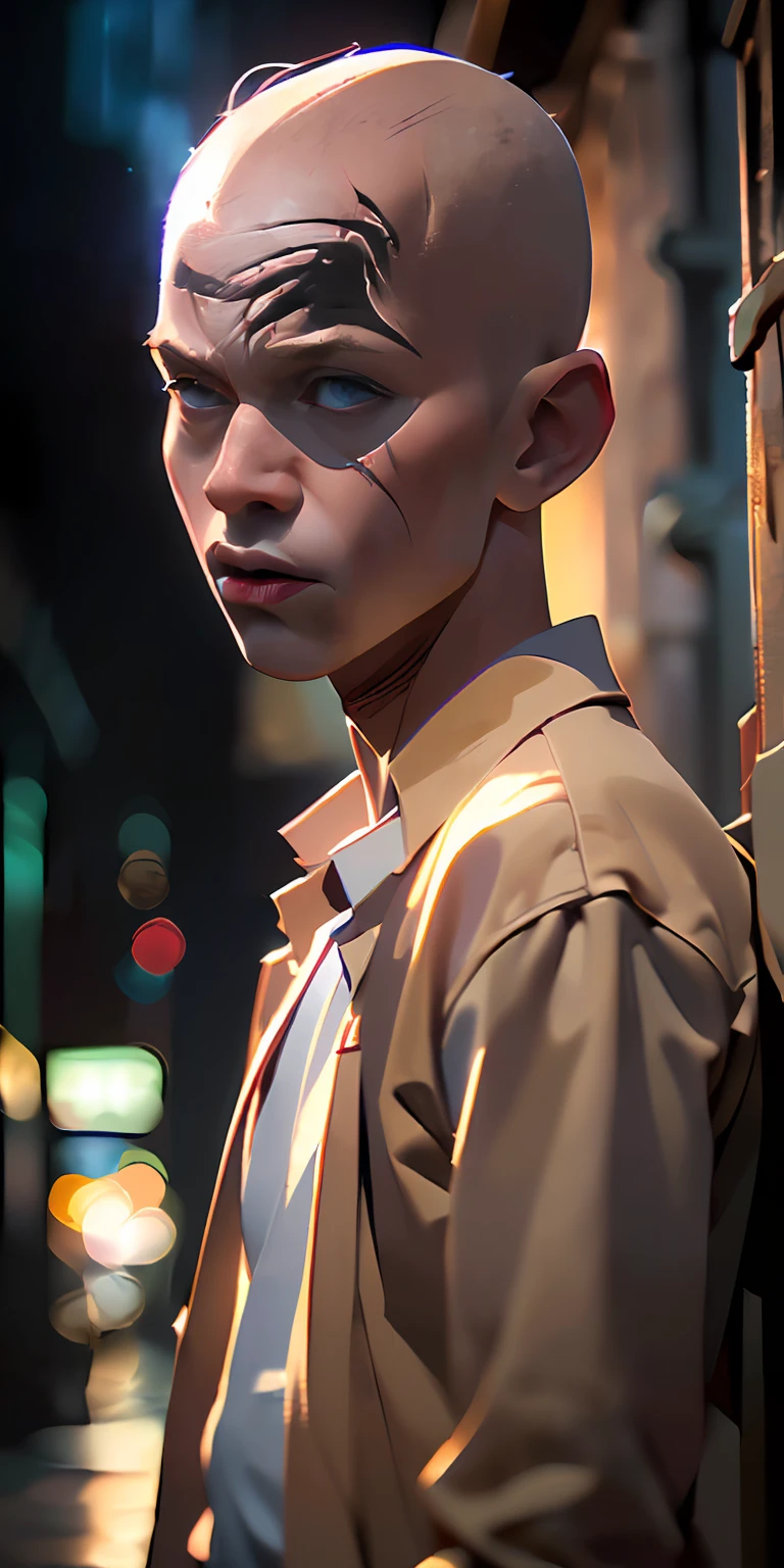 (Character: one albino boy (13 years old), pale skin, shaved hair, bald, scars, lean body)
(Clothing: beige torn shirt)
(Background: dark alley at night:1.3, intense urban lights in background)
(Style: ((masterpiece:1.5)), (face detailed), photo-realistic:1.3, hyperrealistic, film grain, realistic lighting, backlighting:1.3)