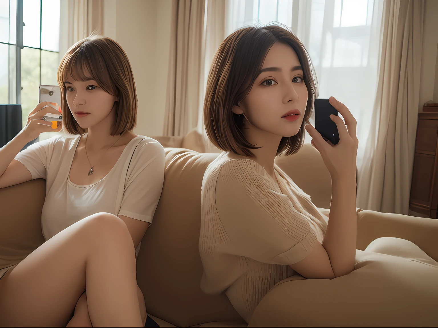 top-quality、8K、masterpiece:1.3、Beautiful Women in Perfect Figure、30s、light brown hair、bangss、Shorthair、in a house、living room、Sitting on the couch、Playing a smartphone game