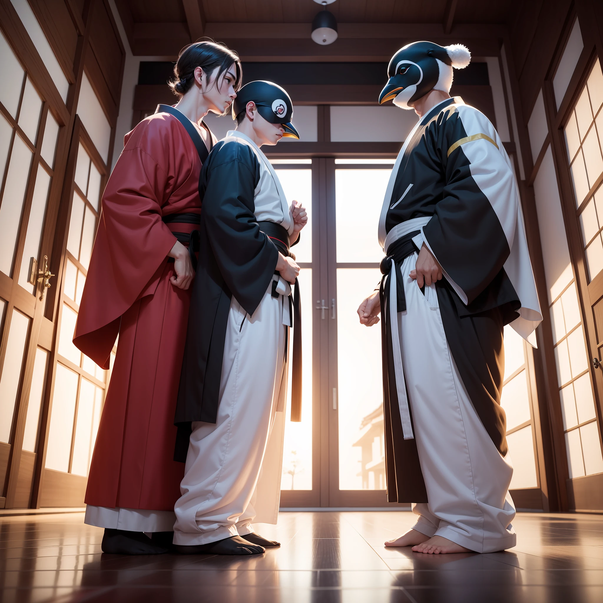 Dois pinguins de kimono praticando karate em um dojo de gelo,arte pastel, oil paint, color grading, White balance, Cores tonais, 4k, HDR, angelic, essence, Insanamente detalhado e intrincado, hipermaximalista, elegante, ornado, hiper anime, super detalhado,