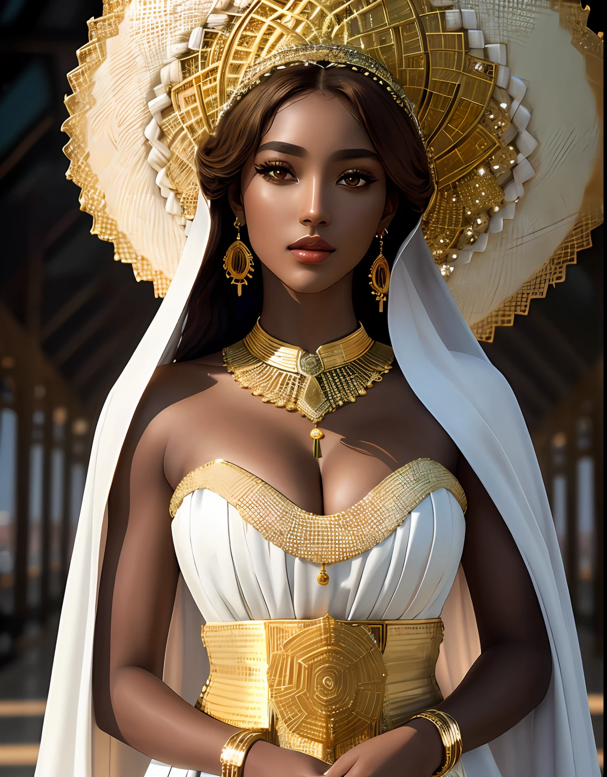 Masterpiece, absurdres,award winning photo, extremely detailed, amazing, fine detail, extremely detailed eyes and face, by lee jeffries nikon d850 film stock photograph 4 kodak portra 400 camera f1.6 lens rich colors hyper realistic lifelike texture dramatic lighting unrealengine trending on artstation cinestill 800 tungsten, (golden brown eyes:1.195)
SSAHC, a woman in a white dress made of beads and a magnificent hat , wearing gold SSAHC, (((upper body picture)))