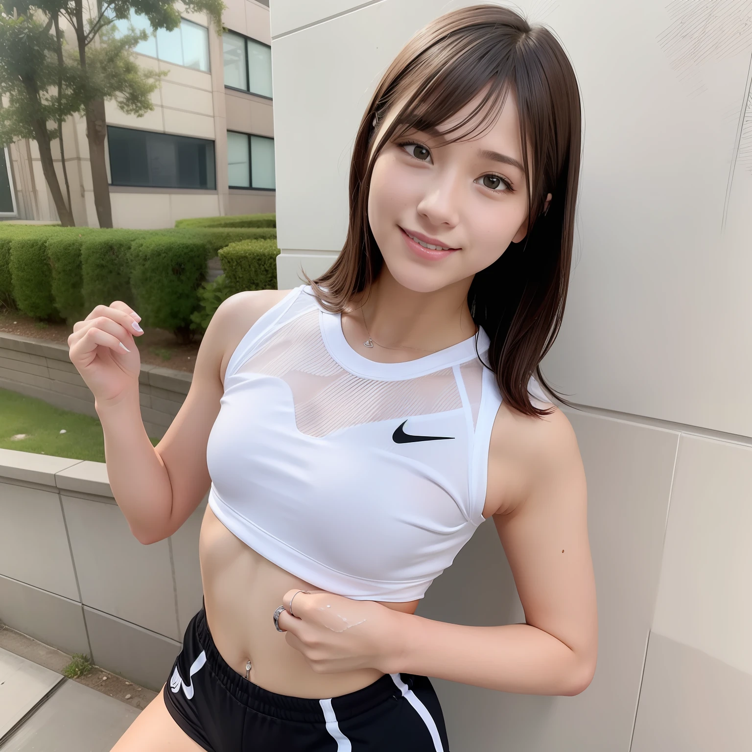 Realistic athlete woman ssmile short-cut Nike Separate Athletic Wear Clothes are wet and see-through Small breasts can be seen through clearly Clothes that dig into the crotch sexy pose Delicate figure