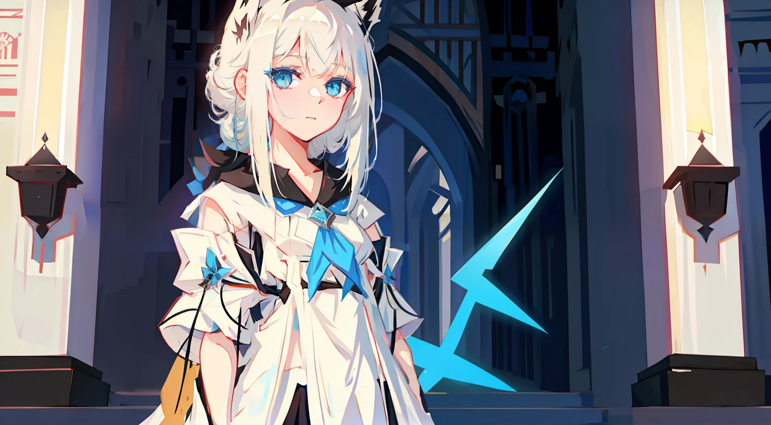 Anime - a stylistic image of a woman in a white dress and blue eyes, From the night of the ark, arknight, style of anime4 K, white-haired god, Digital art on Pisif , Pisif style, Genshin, Anime style. 8K, anime art style, white haired Cangcang, Pisif, Digital anime illustration, anime in fantasy style, Hestia