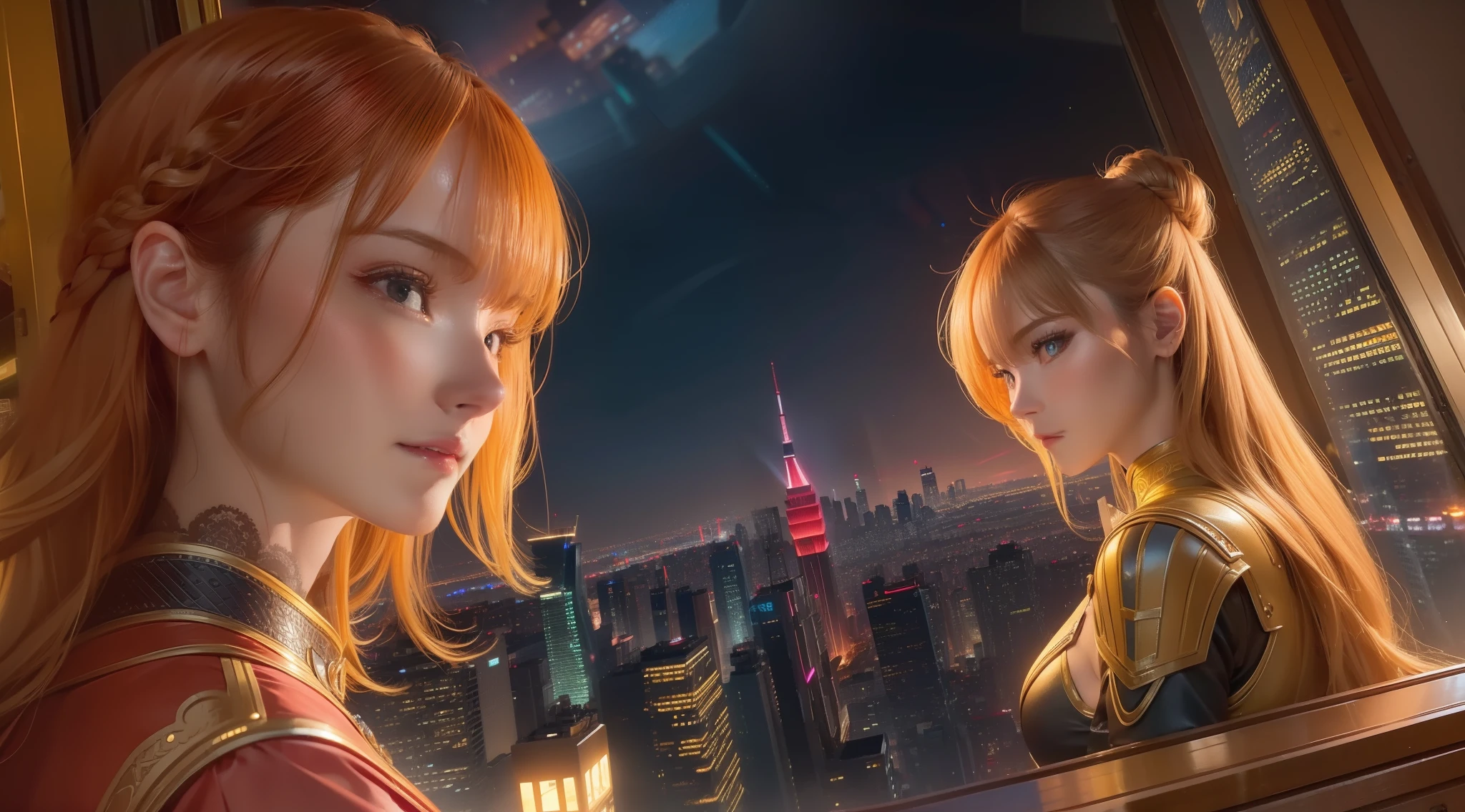 best qualtiy,超高分辨率,ultra - detailed,incredibily detailed,Top view of the roof at night,Heroic European and American woman,Golden hair,The background is skyscrapers and neon lights in all directions,Live model photos