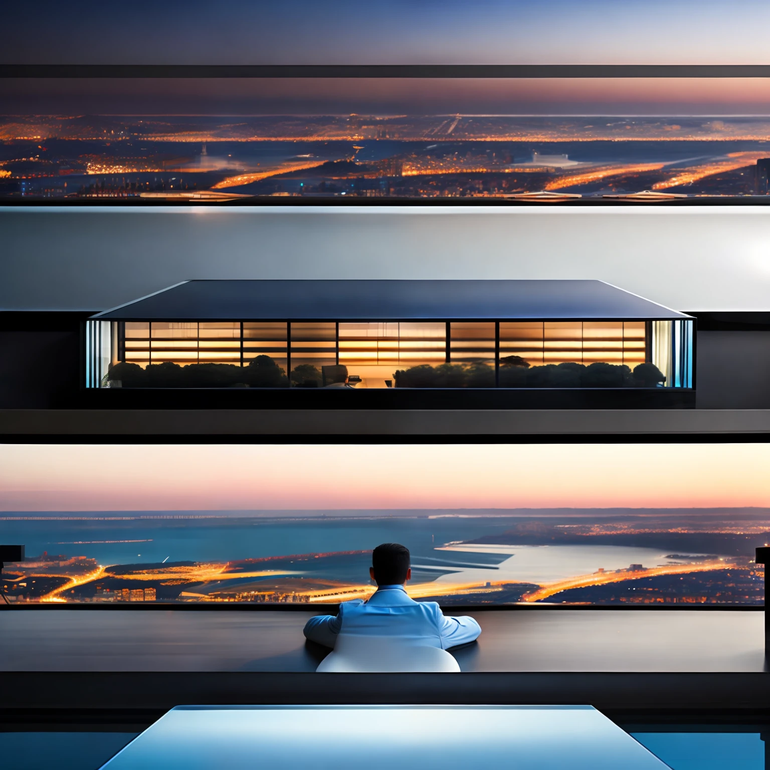 OBRA-PRIMA ULTRA REALISTA, Foto realism, MAN ON COMPUTER IN A LUXURIOUS BUILDING WITH GLASS WINDOWS AND VIEWS OF THE WHOLE CITY, Ultra definition image.