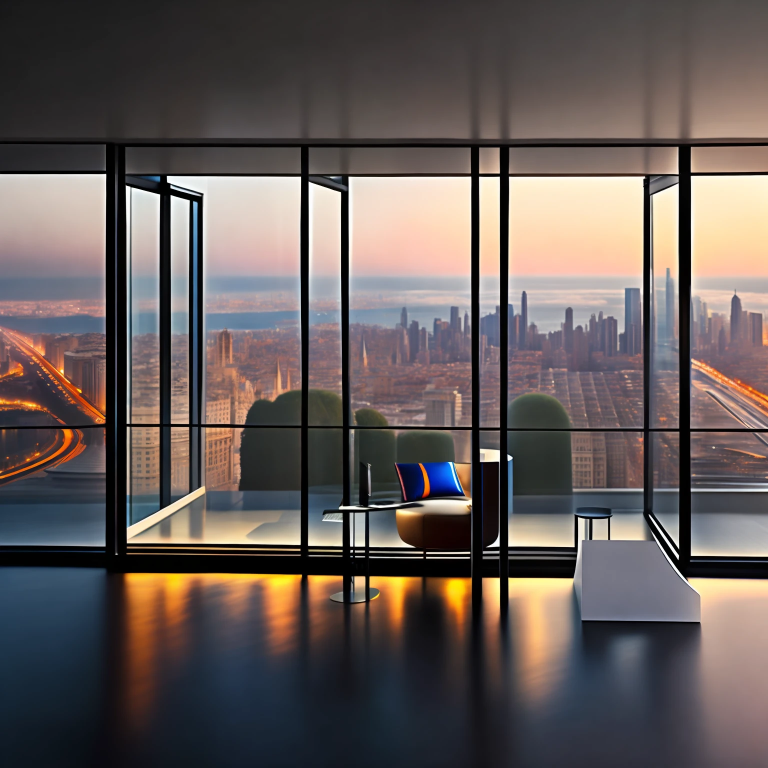OBRA-PRIMA ULTRA REALISTA, Foto realism, MAN ON COMPUTER IN A LUXURIOUS BUILDING WITH GLASS WINDOWS AND VIEWS OF THE WHOLE CITY, Ultra definition image.