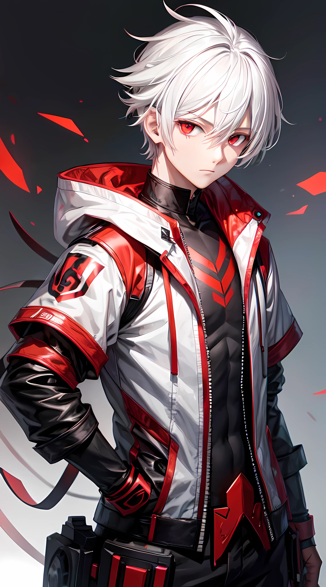 1boy, white hair, red eyes, gamer outfit