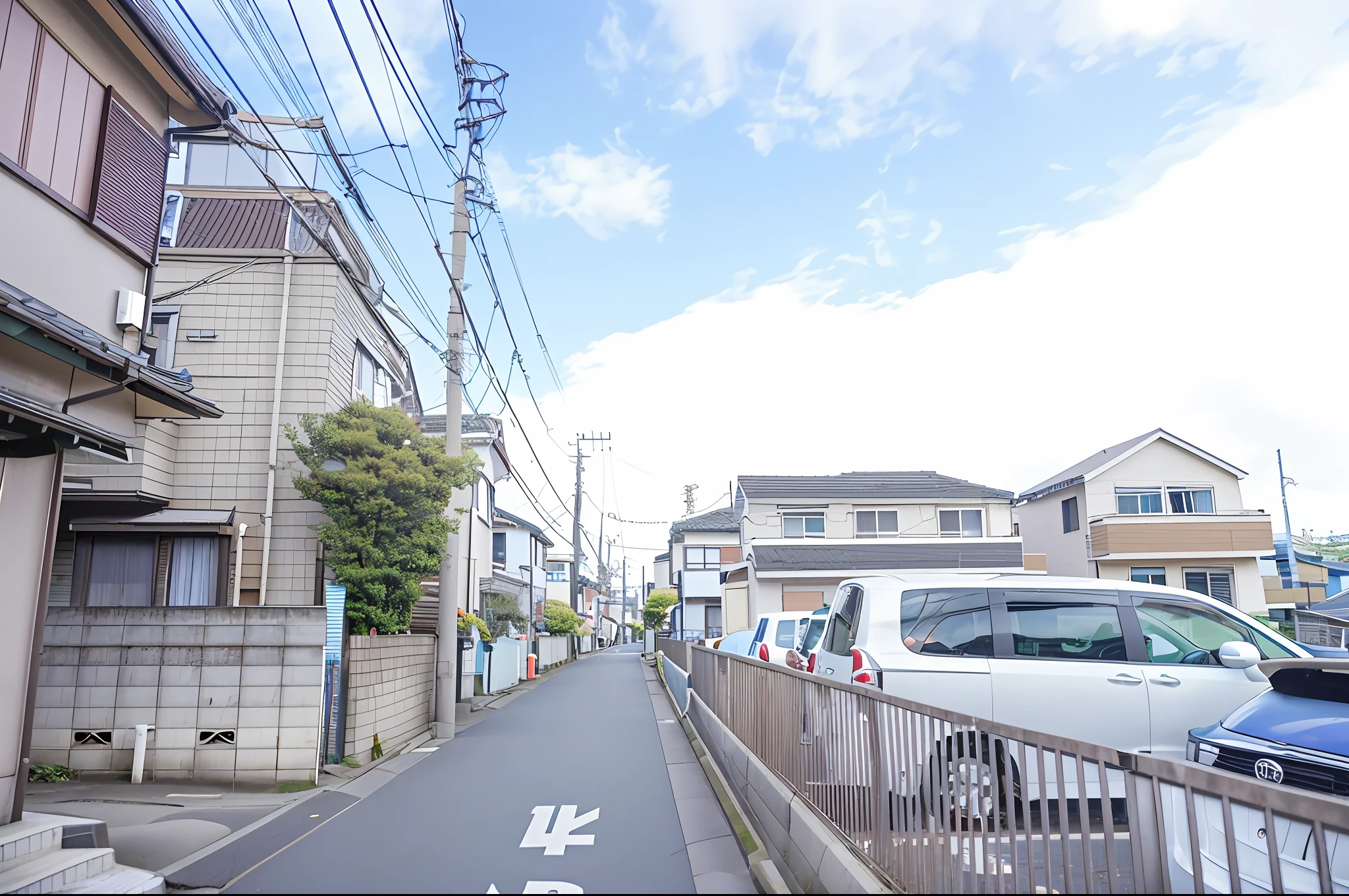 there is a car that is parked on the side of the road, Residential area, japanese neighborhood, taken with sigma 2 0 mm f 1. 4, japanese street, single street, 2 4 mm iso 8 0 0, 2 4 mm iso 8 0 0 color, photograph of the city street, streetview, wide angle photograph, sakimichan hdri