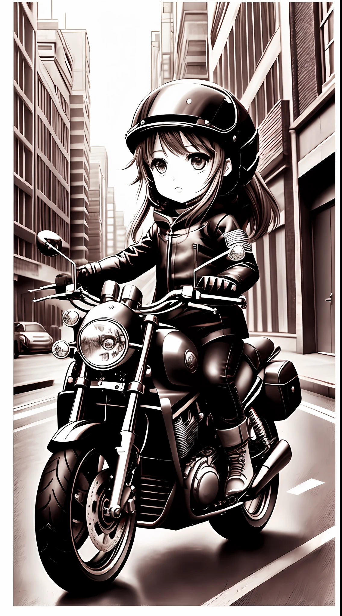 1 girl 5 year old drive motorcycle, character, Chibi style, real, art, explosion, beautiful, realistic, masterpieces, top quality, best quality, official art, beautiful and aesthetic, charocal: 1.5, sketch: 1.5, illustration painting, manga, pencil drawing, grayscale, durer-style: 0.5, street, speed, cybercity