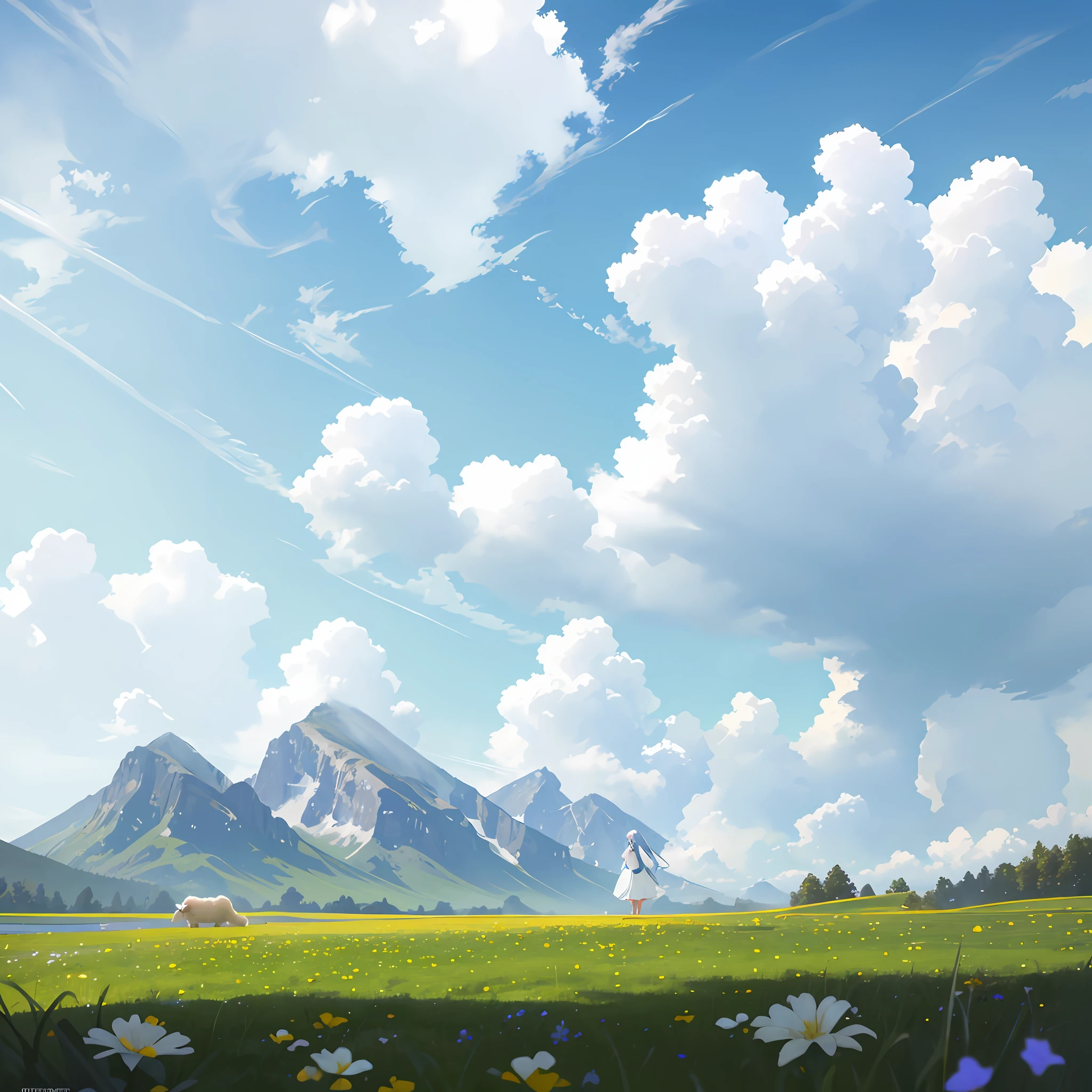 Summer, meadows, few small flowers, clear lakes, sheep, heaven, large clouds, blue sky, hot weather, HD detail, wet watermark, hyper-detail, cinematic, surrealism, soft light, deep field focus bokeh, distant view is snowy mountains, ray tracing, and surrealism. --v6