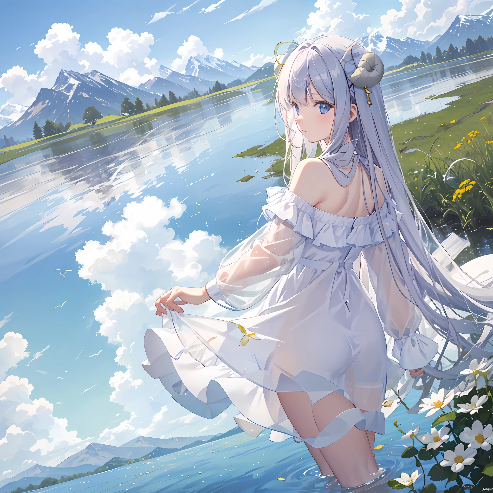 Summer, meadows, few small flowers, clear lakes, sheep, heaven, large clouds, blue sky, hot weather, HD detail, wet watermark, hyper-detail, cinematic, surrealism, soft light, deep field focus bokeh, distant view is snowy mountains, ray tracing, and surrealism. --v6