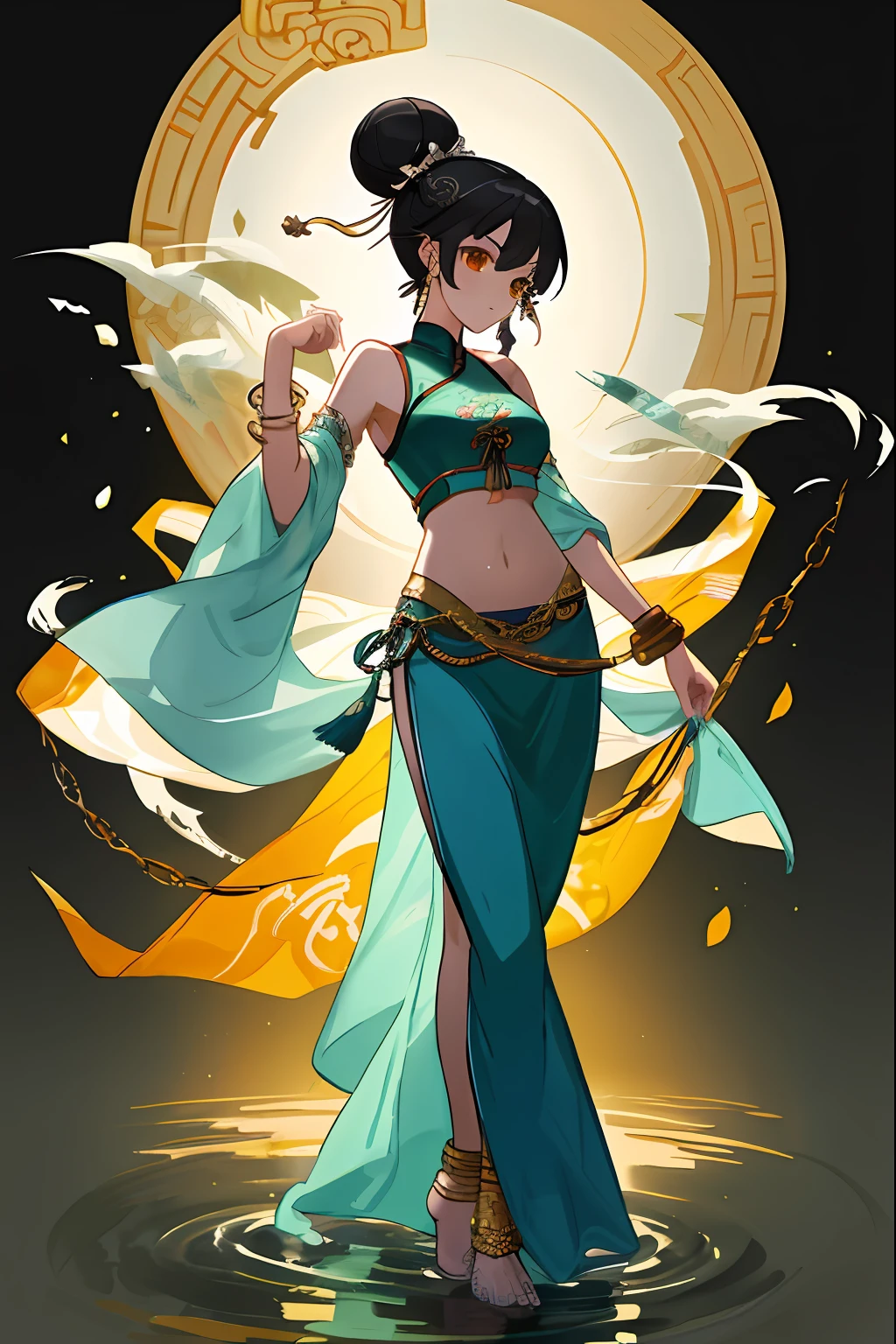 An ancient Chinese beauty stands and dances on the water, gorgeous costumes embroidered with intricate embroidery, flowing tulle, transparent long colorful ribbons tied on the arms, inspired by Dunhuang Flying Apsaras murals, showing navel, bare shoulders, bare neck, Black curly hair in a high bun with flower hairpins, ribbons on arm rings, wreaths, bracelets, anklets, metal chain tassels on the waist, Mogao Grottoes art, ink painting, cgstation pop