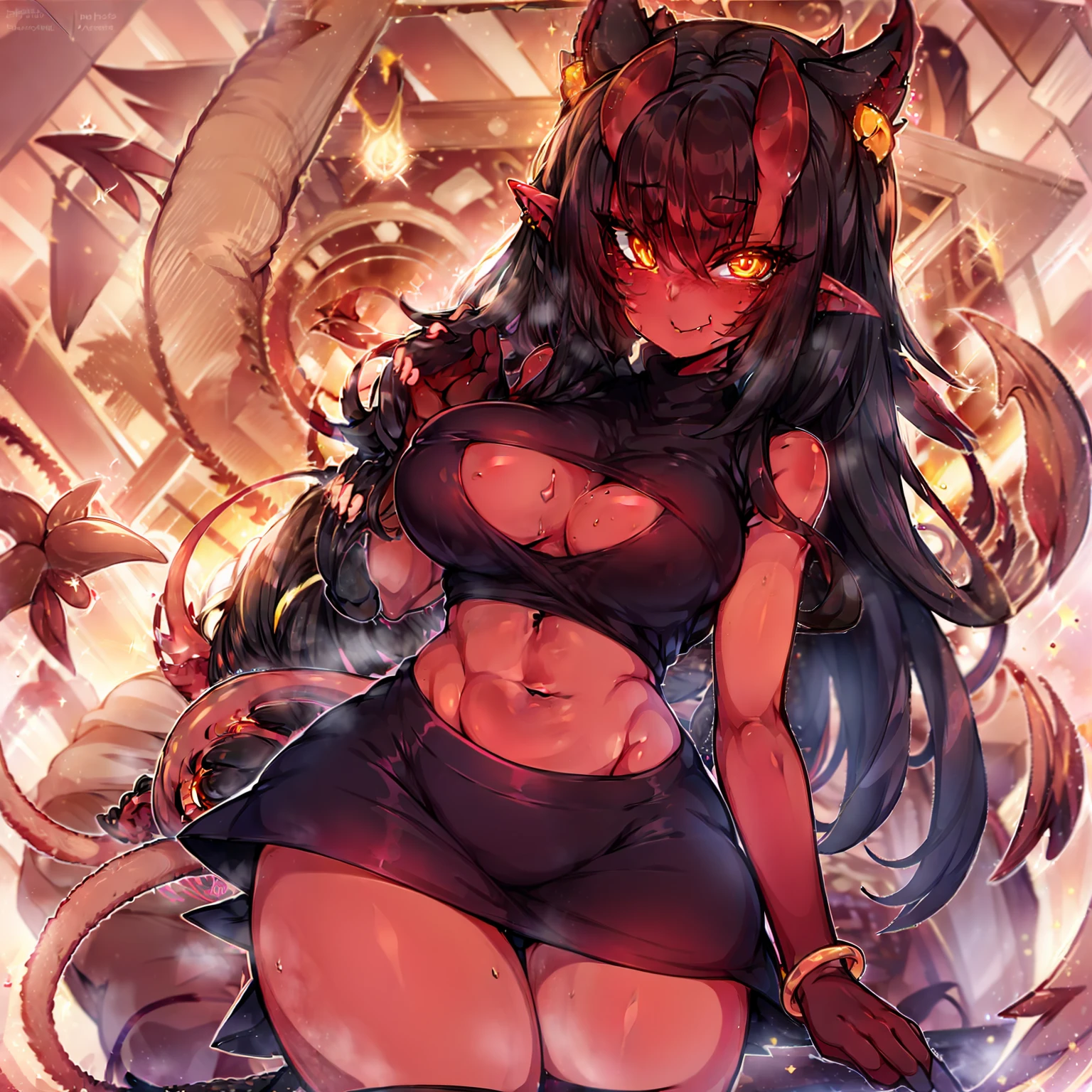 meruccubus, yellow eyes, red oni, simple background, long hair, mole under eye, red horns, oni horns, pointy ears, looking at viewer, skin-covered horns, medium breasts, tail, solo, demon girl, demon tail, 1girl, colored skin, freckles,black hair, red skin , sweater dress , skirt