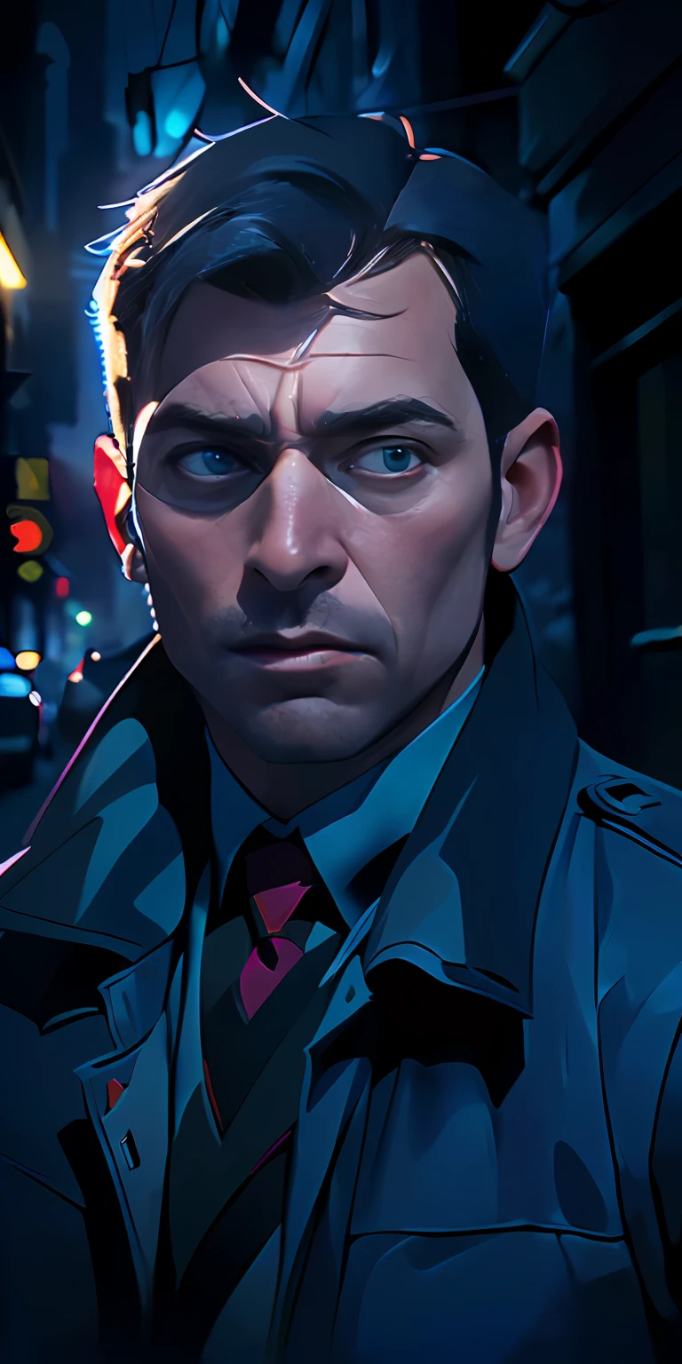 (Character: one English man, 40 years old, police, serious expression, short windswept  hair, strong body)
(Clothing: blue police coat, tie)
(Background: dark alley at night:1.3, intense urban lights in background) 
(Style: ((masterpiece:1.5)), (face detailed), photo-realistic:1.3, hyperrealistic, film grain, realistic lighting, backlighting:1.3)