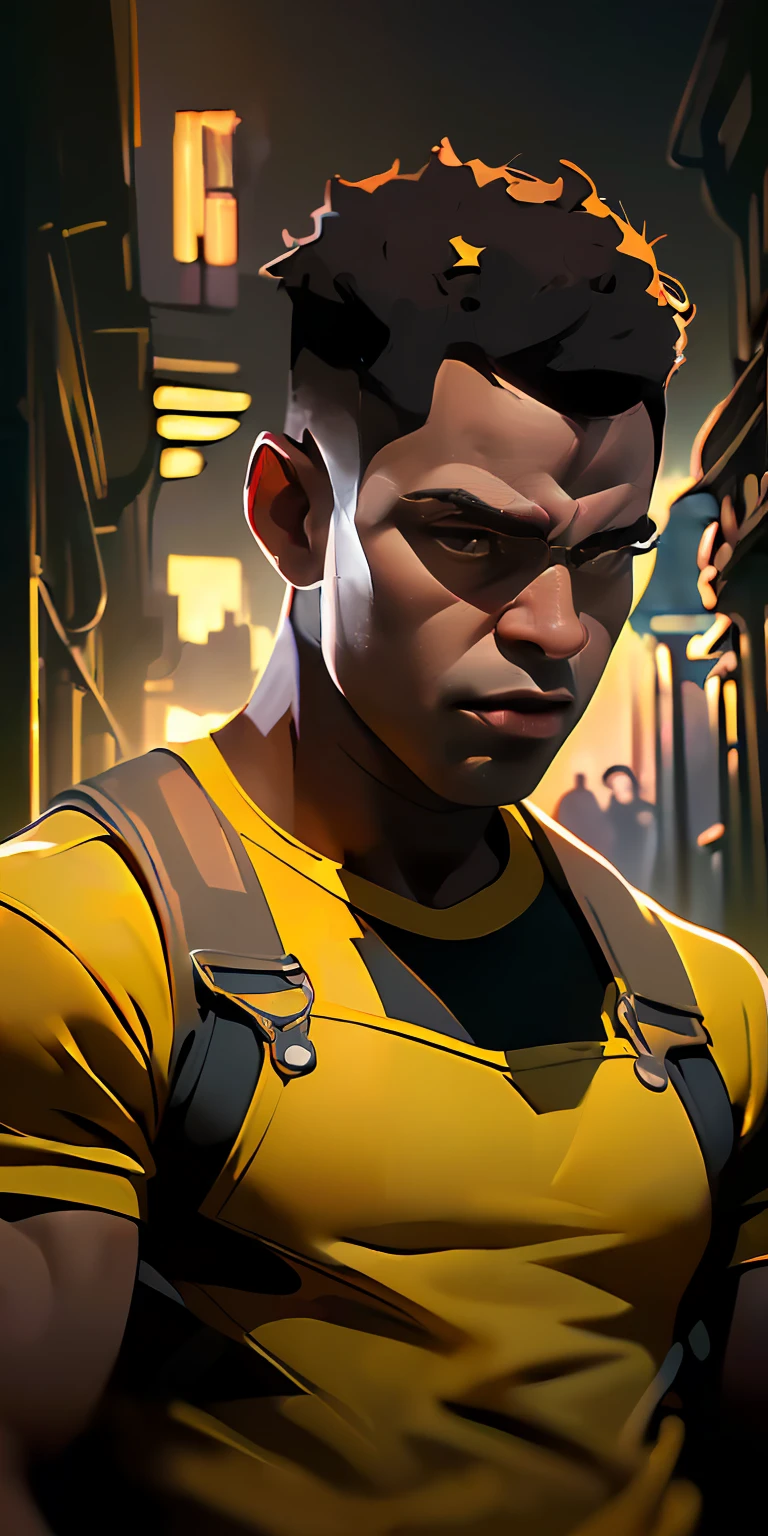 (Character: one afro-american man, military, black short hair, (athletic body)) 
(Clothing:  yellow mechanic overalls, black t-shirt)
(Background: dark alley at night:1.3, intense urban lights in background) 
(Style: ((masterpiece:1.5)), (face detailed), photo-realistic:1.3, hyperrealistic, film grain, realistic lighting, backlighting:1.3)