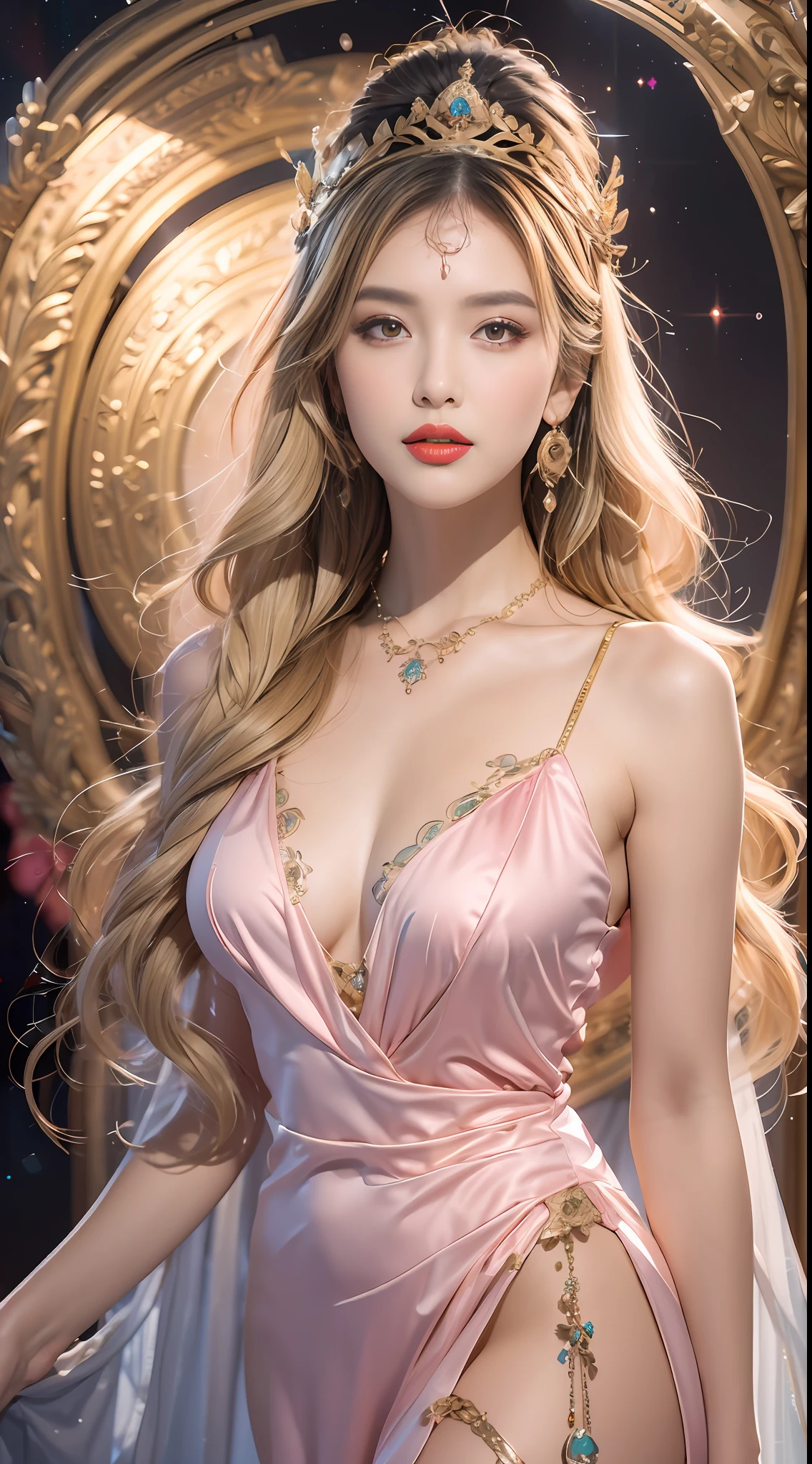 1 20-year-old girl, 1 Goddess Athena, Pink and purple silk dress，, The beautiful goddess Athena has no blemishes on her face, Thin silk pajamas in many colors, Long thin women's dressing gown，Paired with lots of sexy black lace details, Legend of the Goddess, Goddess symbol, Beautiful goddess style glitter, Dark and mysterious version, small crown, Well-proportioned, Beautiful lips, Delicate red lips, 1.9 delicate and beautiful lips ), Eucharist, Ultra-tight and rounded breasts, Phoenix brooch, Long bangs, (7 colors of hair rainbow: 1.9), Clear and beautiful face and well-proportioned eyes, (transparent yellow eyes: 1.8), (Big round eyes and detailed makeup, Very beautiful and discreet makeup, Very nice blonde, Light makeup, Long blonde hair, Makeup 1.8): The sky droops and comes alive, The picture is a real fictional space: 1.8), Fictional art, RAW photos, hanfu photos, best photos, high resolution, Best quality, best photos, Surreal portrait, Surreal photos of women, 8K quality, The most beautiful portrait of a saint, Single women's jewelry, Beautiful color masterpiece, Upper body, Tyndall effect, Real photos, Dark Studio, Bezel light, (Darker 8 color pink detail: high resolution, Soft light, High quality, h, Smooth and sharp, 10x imageization, Sexy goddess , Sexy goddess: 1.8), (Beautiful eyeshadow background: 1.8), (Background place Milky Way: 1.8), Interstitial eyes, (The best keep your eyes open, Perfect eyes, Beautiful Girl Solo: 1.8), (Flowers: 1.8)