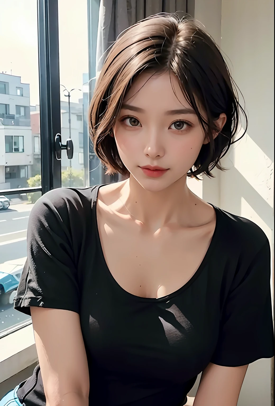 girl in her 30s, fitness girl, pretty, short hair, straight hair, professional photo pose