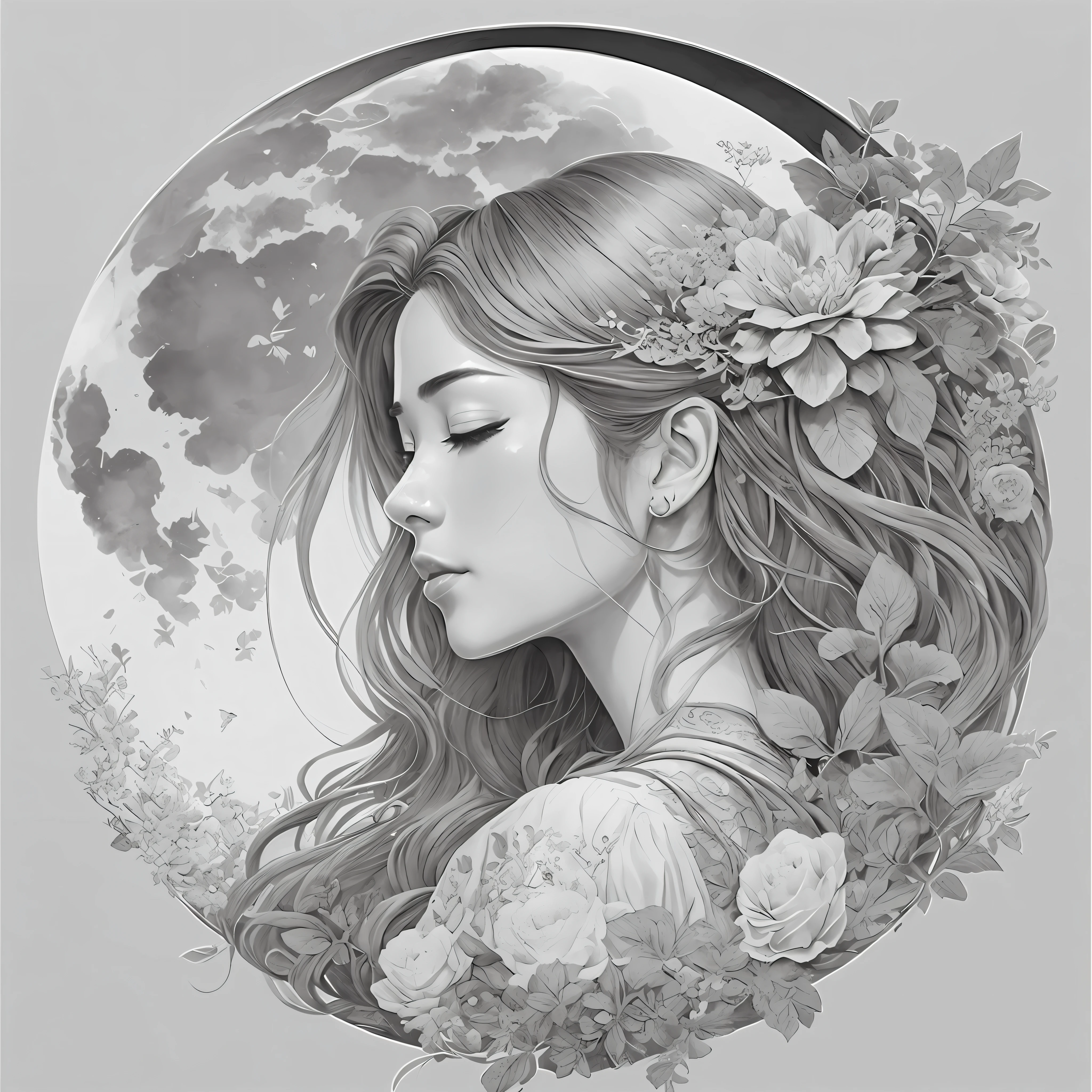 um close up de um desenho de uma mulher com flores no cabelo, a beautiful artwork illustration, retrato de fantasia fosco detalhado, Beautiful digital illustration, deusa. Detalhes extremamente altos, official illustration, retrato bonito da arte da fantasia, exquisite digital illustration, bela arte de linha, retrato da arte da fantasia, beautiful illustration, beautiful artist rendering, black and white coloring, retrato altamente detalhado, retrato bonito da fantasia