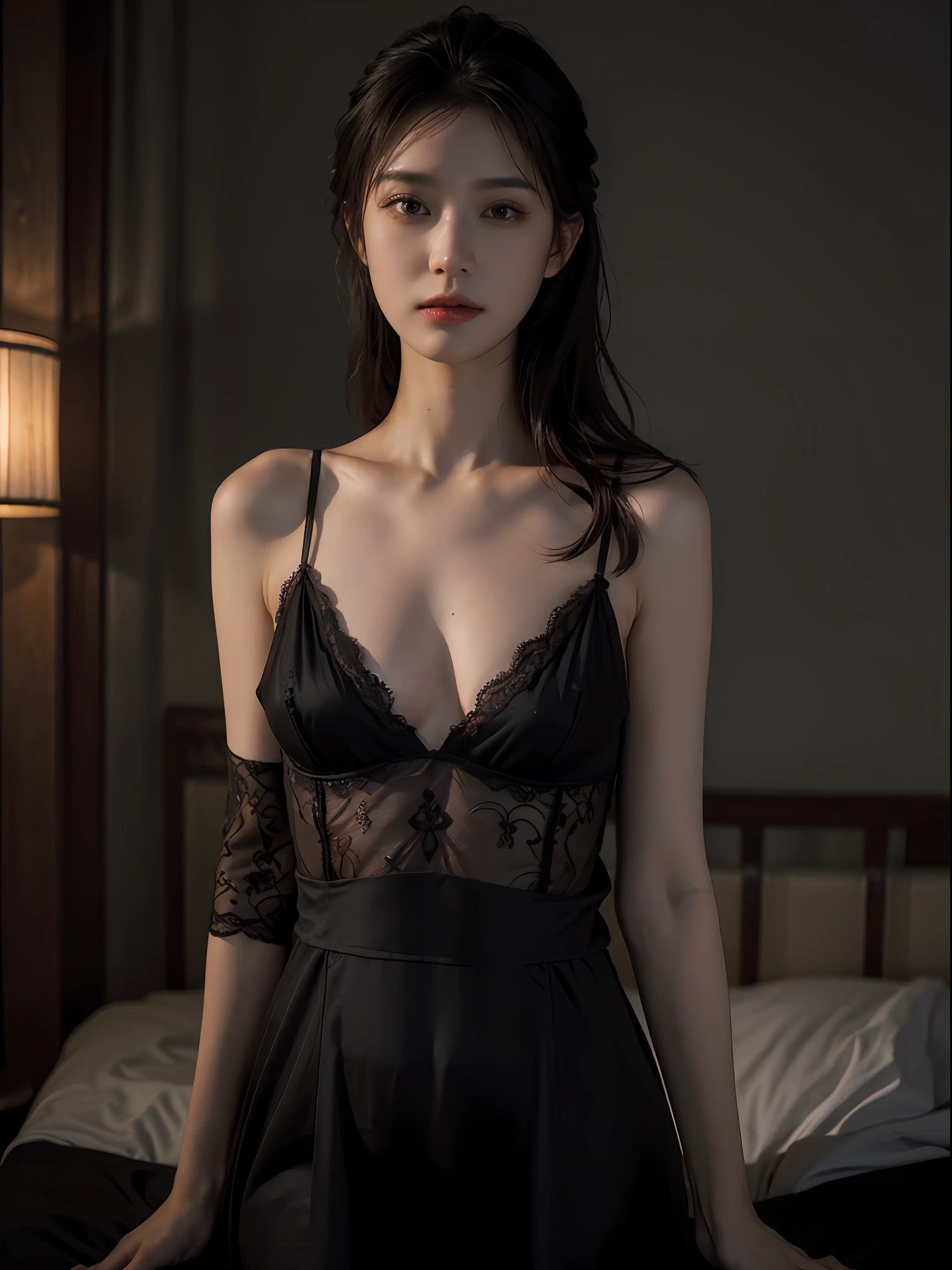 Best quality, masterpiece, ultra high res, (photorealistic:1.4), raw photo, 1girl, ((black lace nightgown)), ((small breast)), cold light